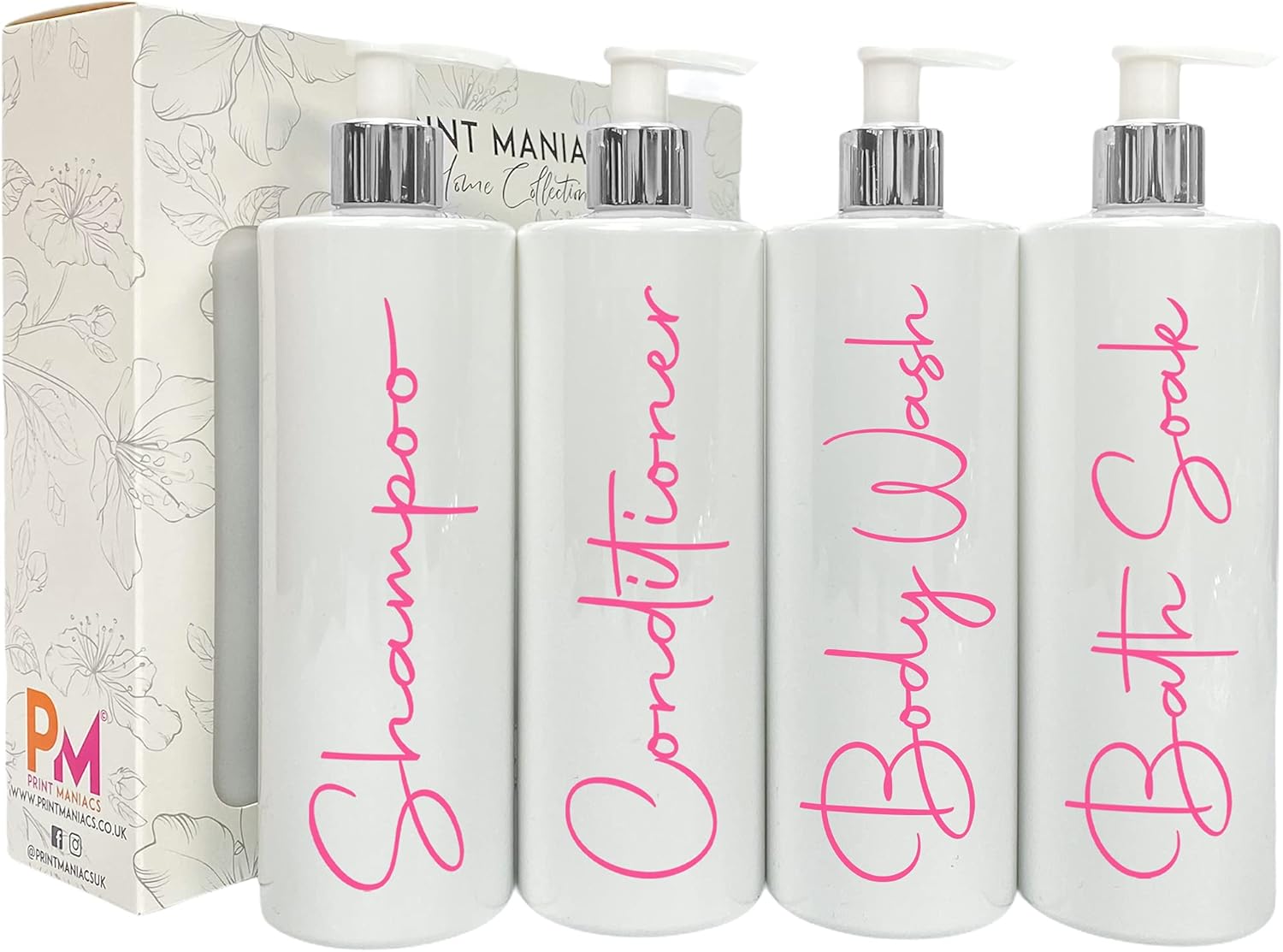 Print Maniacs Mrs Hinch Inspired White Personalised Pump Bottles Bathroom Kitchen Set Shampoo Conditioner Body Wash Bath Soak (F2) (Baby Pink)
