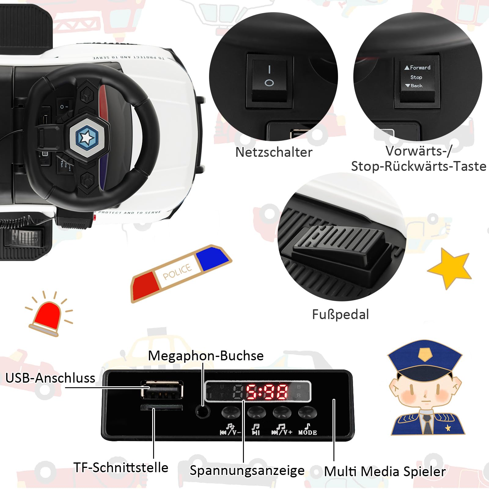 COSTWAY Polizei Elektroauto für Kinder, 6V Elektrisches Kinderauto mit Stauraum & Megafon & Warnlicht & Hupe & Fußpedalen, Elektro Auto für Kinder ab 18 Monaten (Weiß)