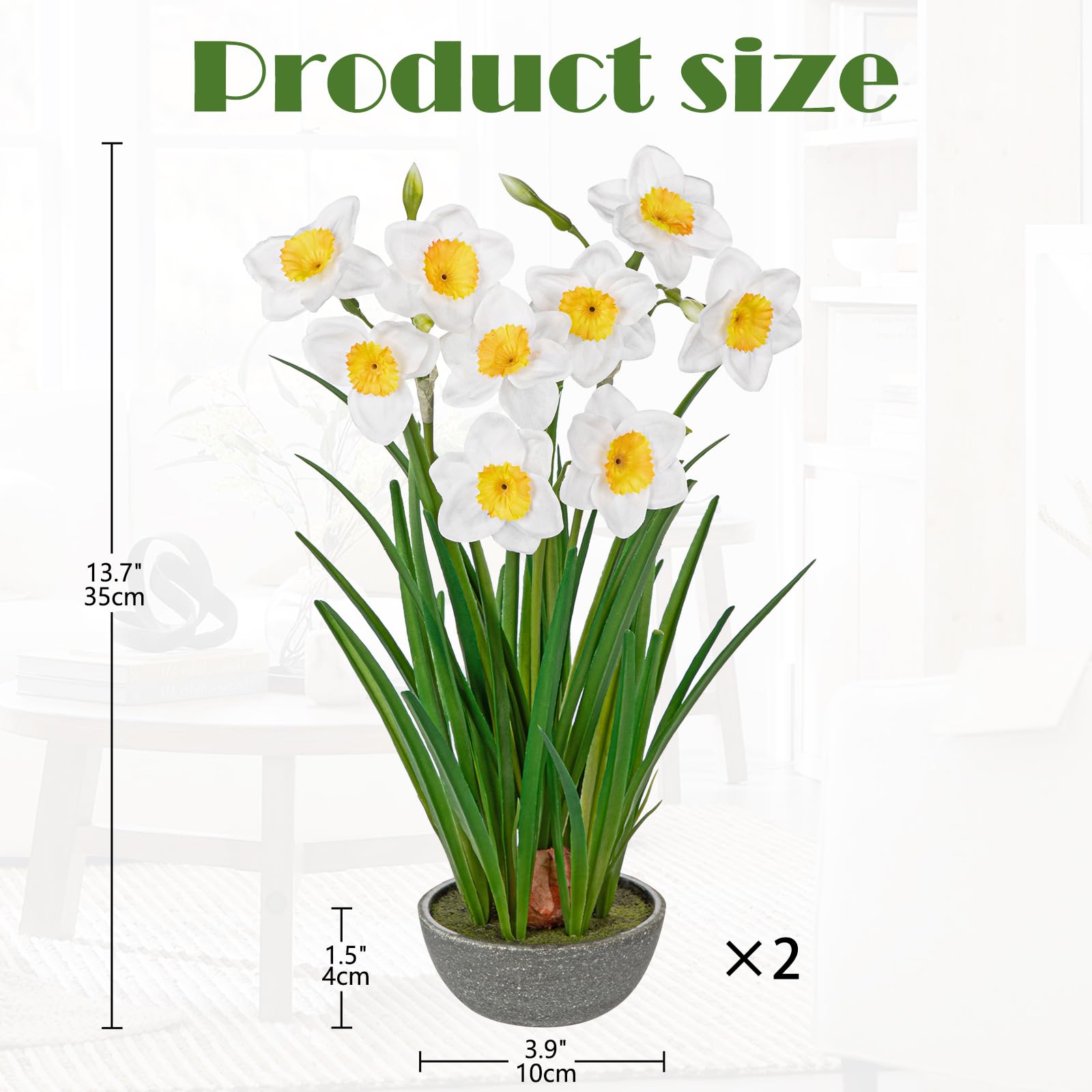 Hollyone 2PCS 13.7'' White Artificial Flowers, Fake Daffodils Decorative Faux Flowers in Pot - Image 2