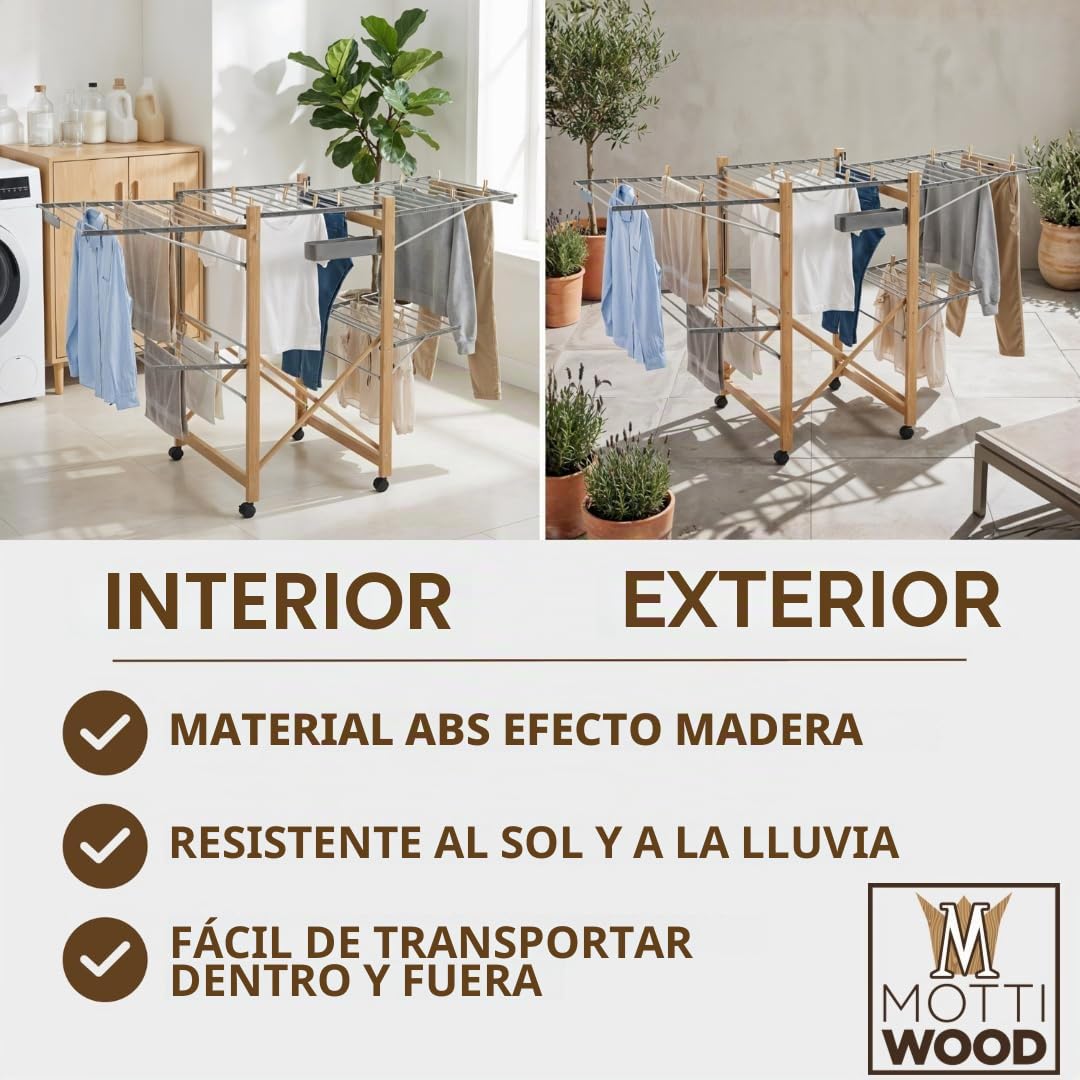 Stendibiancheria Plegable XXL, 4 Alas Laterales, Maxi Stendino Plegable y Ahorrador de Espacio, 25Kg de Ropa, Stendi para Interior y Exterior, 176 x 60 x 104 h cm, 4 Ruedas Giratorias