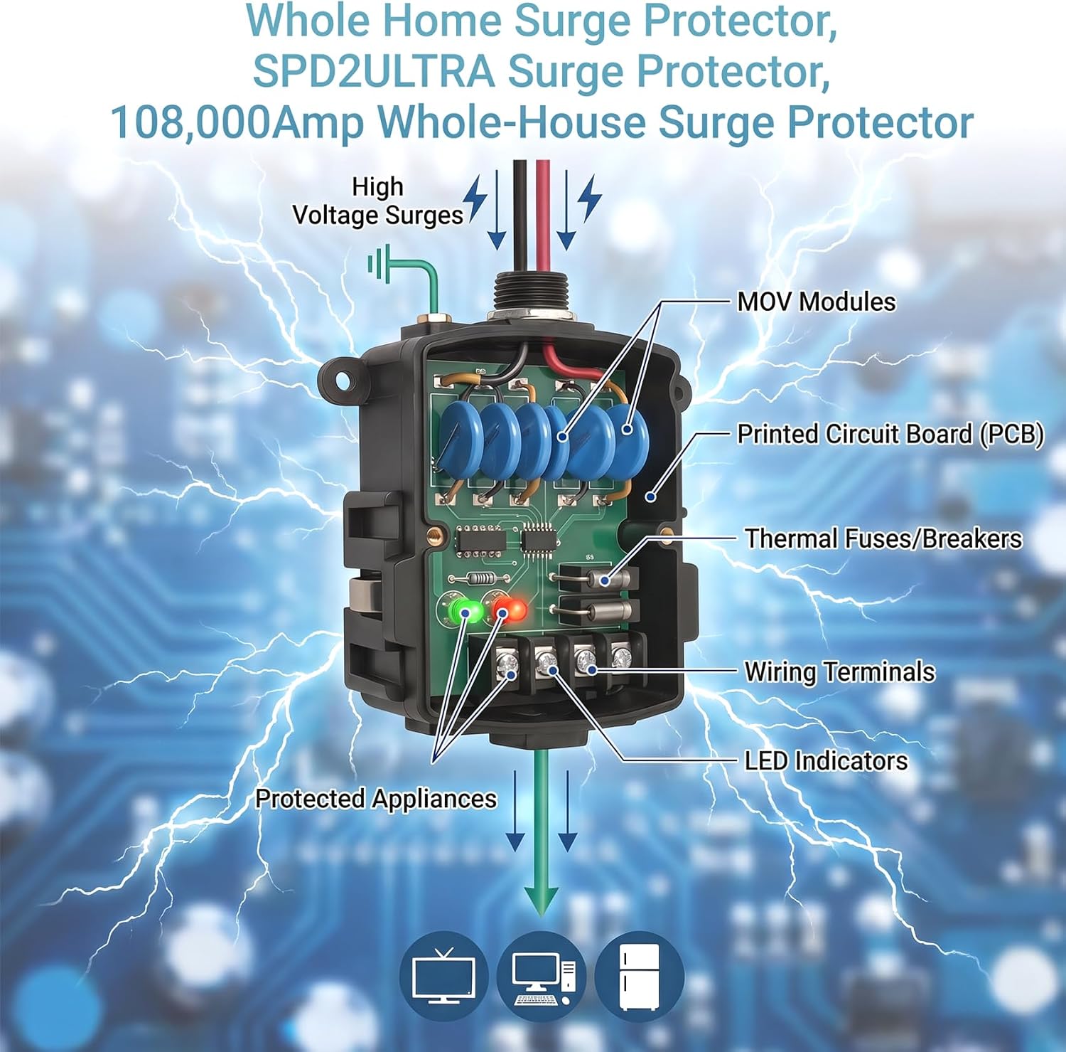 Whole Home Surge Protector, SPD2ULTRA Surge Protector, 108,000Amp Whole-House Surge Protector,120/240V, Indoor/Outdoor,for Breaker Box/Load Center,System Spike and Surge Protection,10 Years Warranty