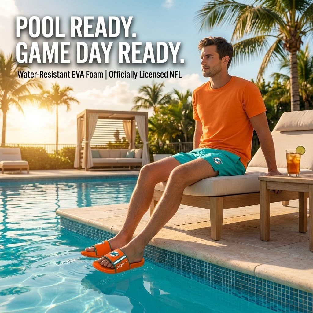FOCO Miami Dolphins Slides for Men NFL Molded EVA Foam Sandals | Water Resistant, Officially Licensed
