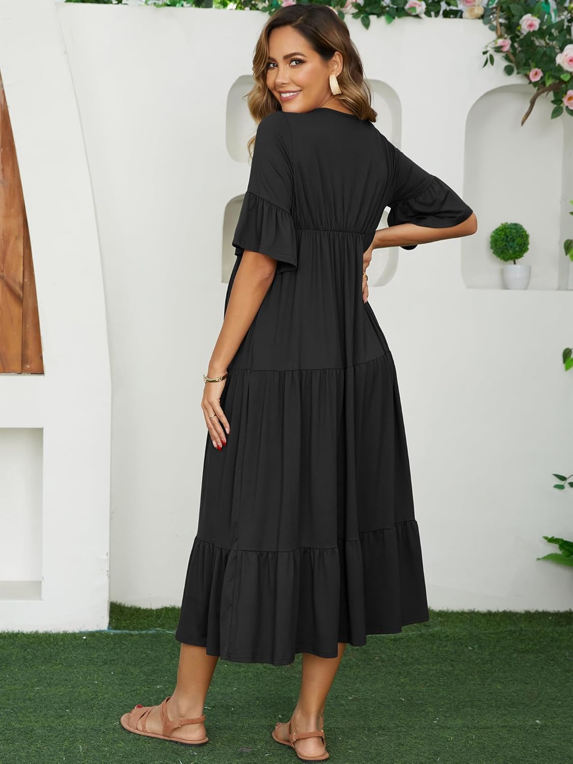 Maternity Maxi Dress Short Sleeves Ruffled Sleeve Baby Shower Pregnancy Dresses Photoshoot Flowy Casual 2026