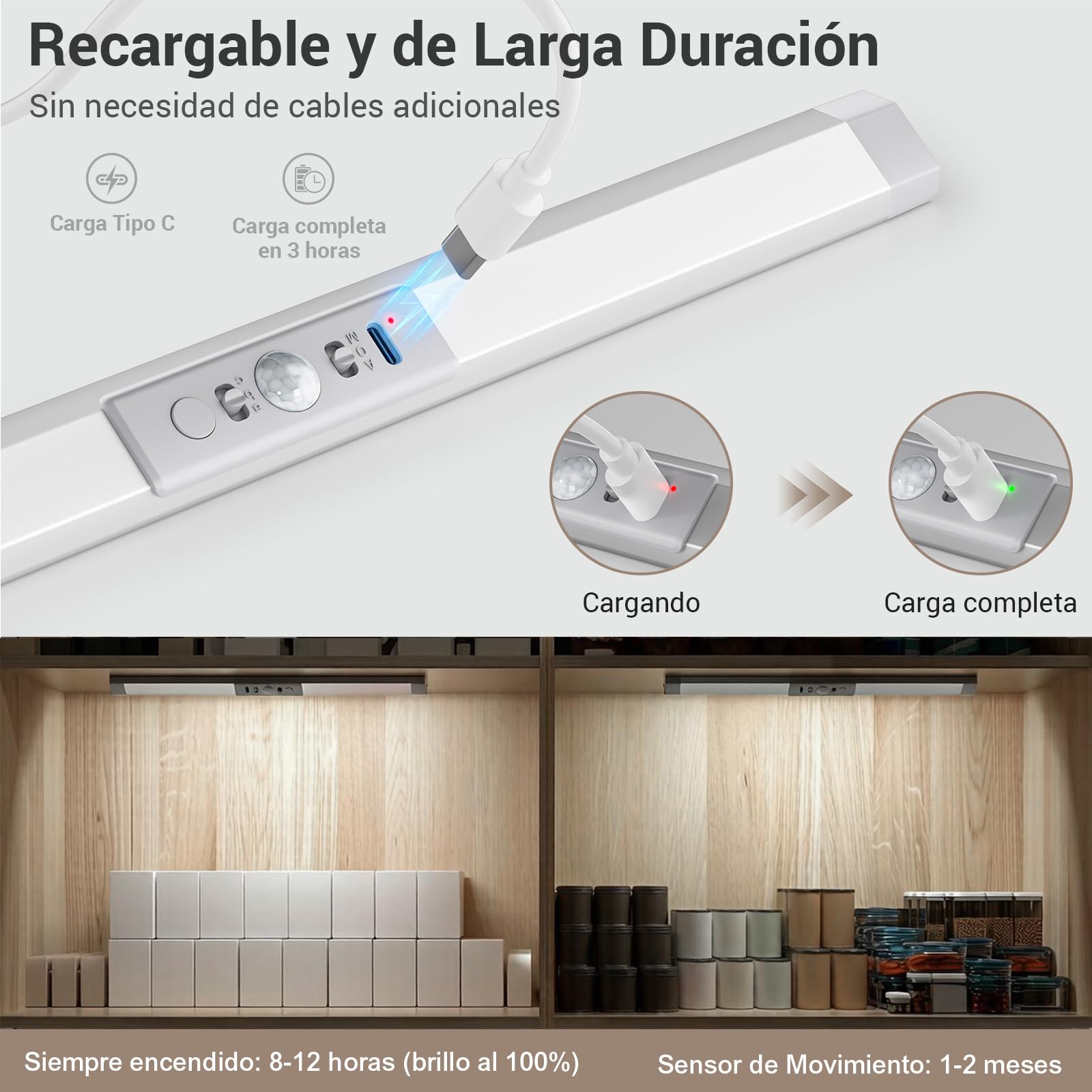 WOBANE Luz Armarios con Sensor de Movimiento Recargable Luz Nocturna, Protección Ocular Luces Mueble con 3 Colores y Regulable para Cocina, Vitrina, Estanterías, 2 Pack
