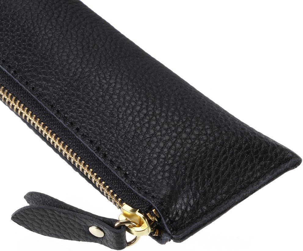 BTSKY Genuine Leather Pencil Case - Zippered Pen Case Stationery Bag Zipper Pouch Pencil Holder (New Black)