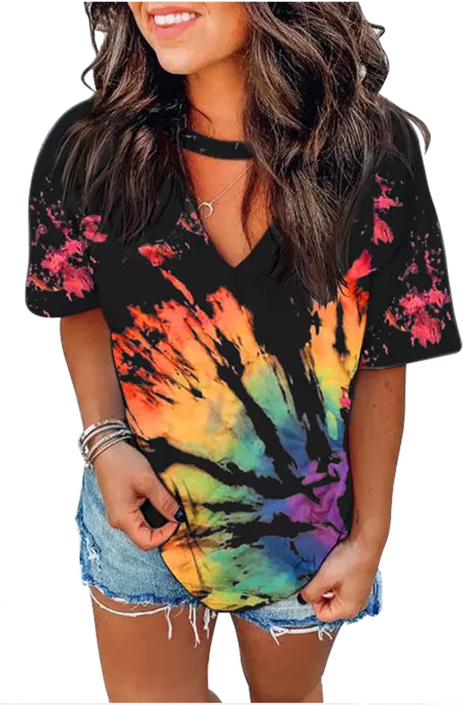 CHUNTIANRANSexy V Neck T Shirts for Women Tie Dye Hollow Out Blouse Tops Summer Loose Casual Shirt Country Music Graphic Tee Shirts