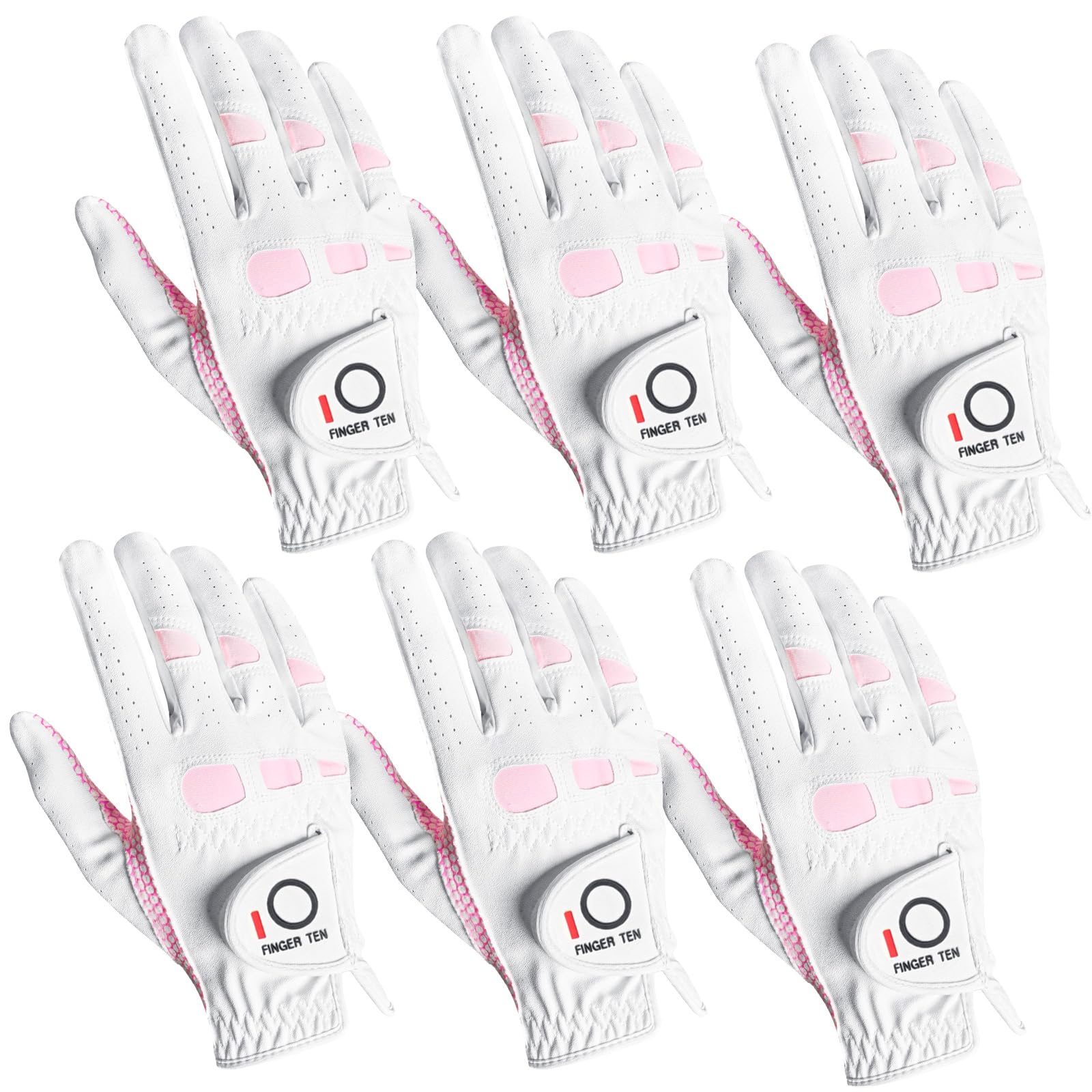 FINGER TEN Women’s Golf Gloves Ladies Left Hand Right Handed Golfer Value 6 Pack, All Weather Rain Grip Glove Pink Fit Small Medium Large XL