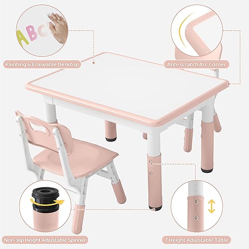 Miniatura 6 de Juego de mesa y 2 sillas para niños, mesa y sillas para niños pequeños de altura ajustable con escritorio de graffiti, 31.5 pulgadas de largo x 23.6