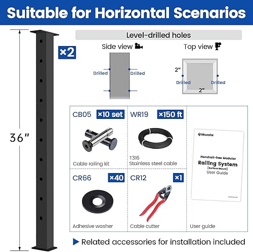 Miniatura 9 de Muzata Poste de barandilla de cable perforado de nivel 36 x 2 x 2 pulgadas, línea fija de nivel superior de poste de montaje superior, acabado