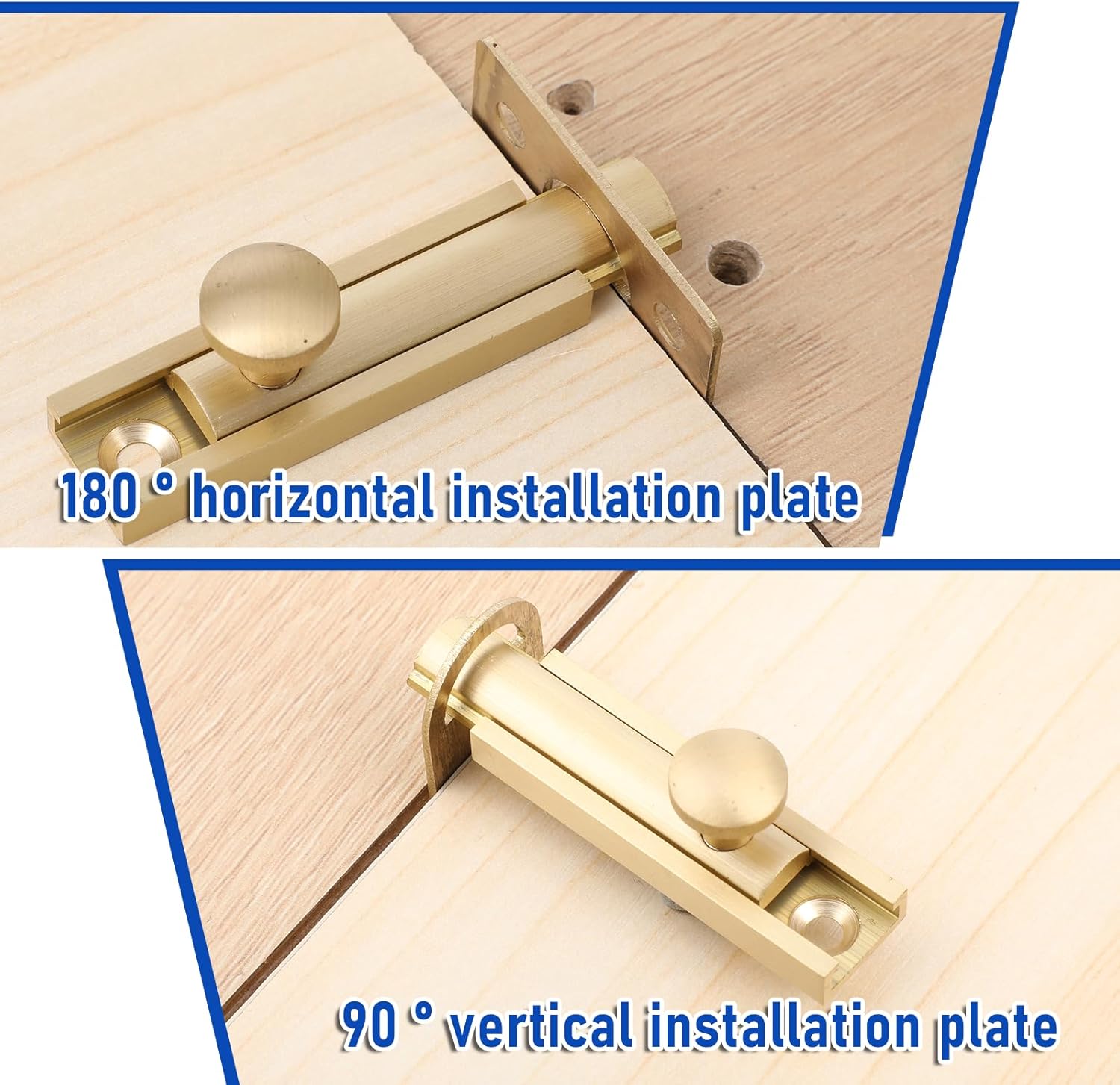 Solid Brass 2 Inch Surface Bolt Brass Slide Bolt Latch Hardware Slide Surface Door Bolt Brushed Gold Slide Latch Door Lock Bolt Heavy Duty French Door Lock for Recessed Doors, Flush Gates