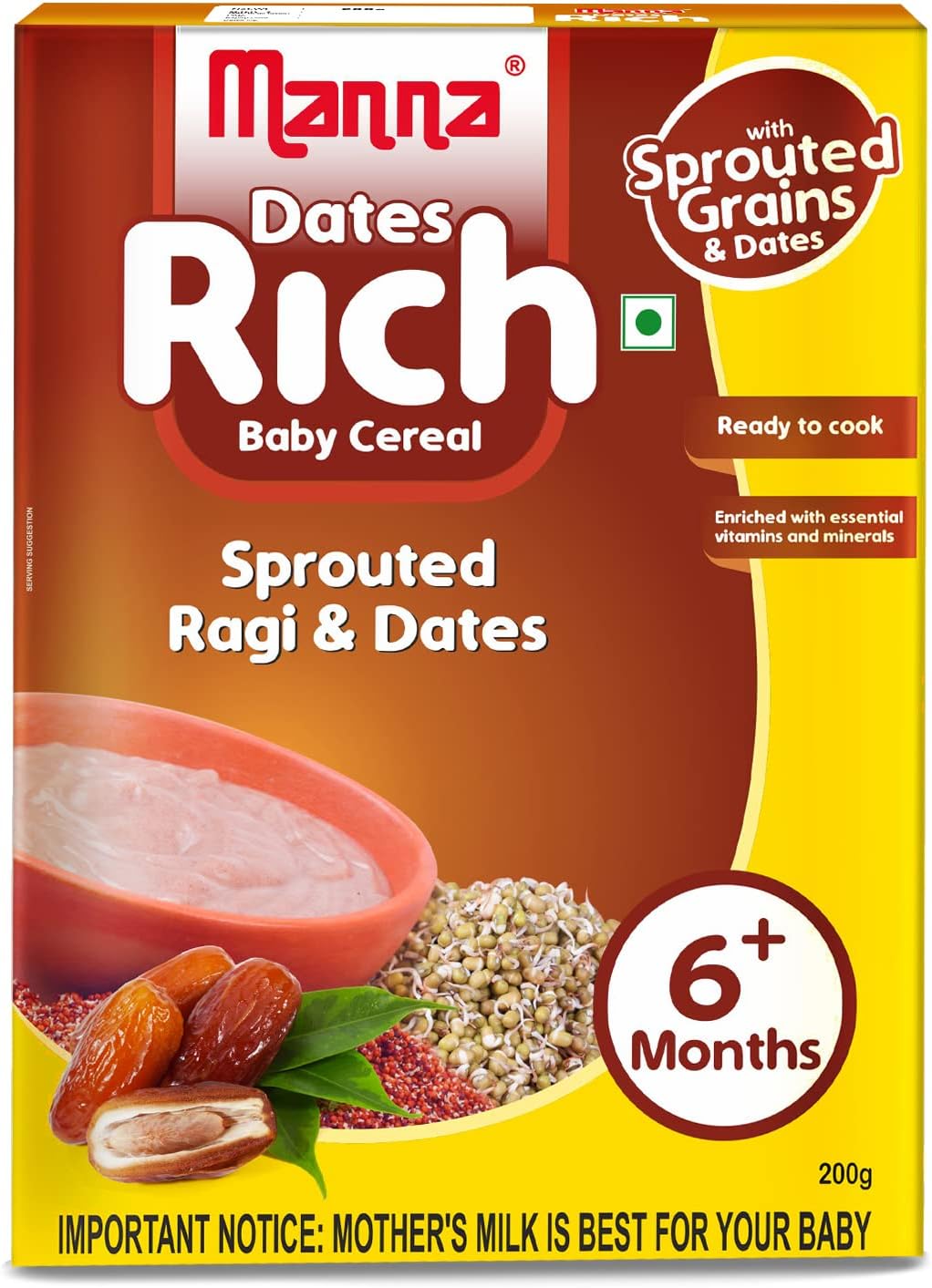 Baby Food Cereal. No added sugar, safe for 6 months above, BIS Approved cereal based complimentary food, sprouted millets & pulses for easy digestion. Allergen Free. Sprouted Ragi & Dates 200g