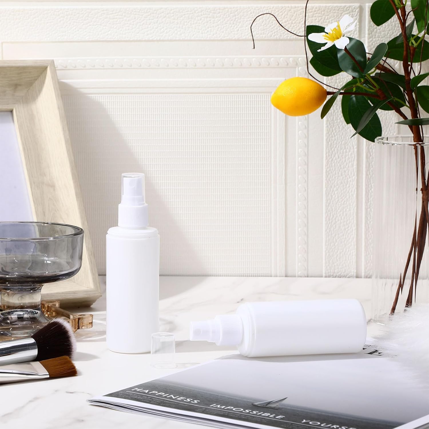 50 Pack 3.4 oz Plastic Spray Bottles Fine Mist Travel with Pump Spray Cap Double Cap Refillable and Reusable Empty Plastic Containers for Travel Cosmetic Essential Oils