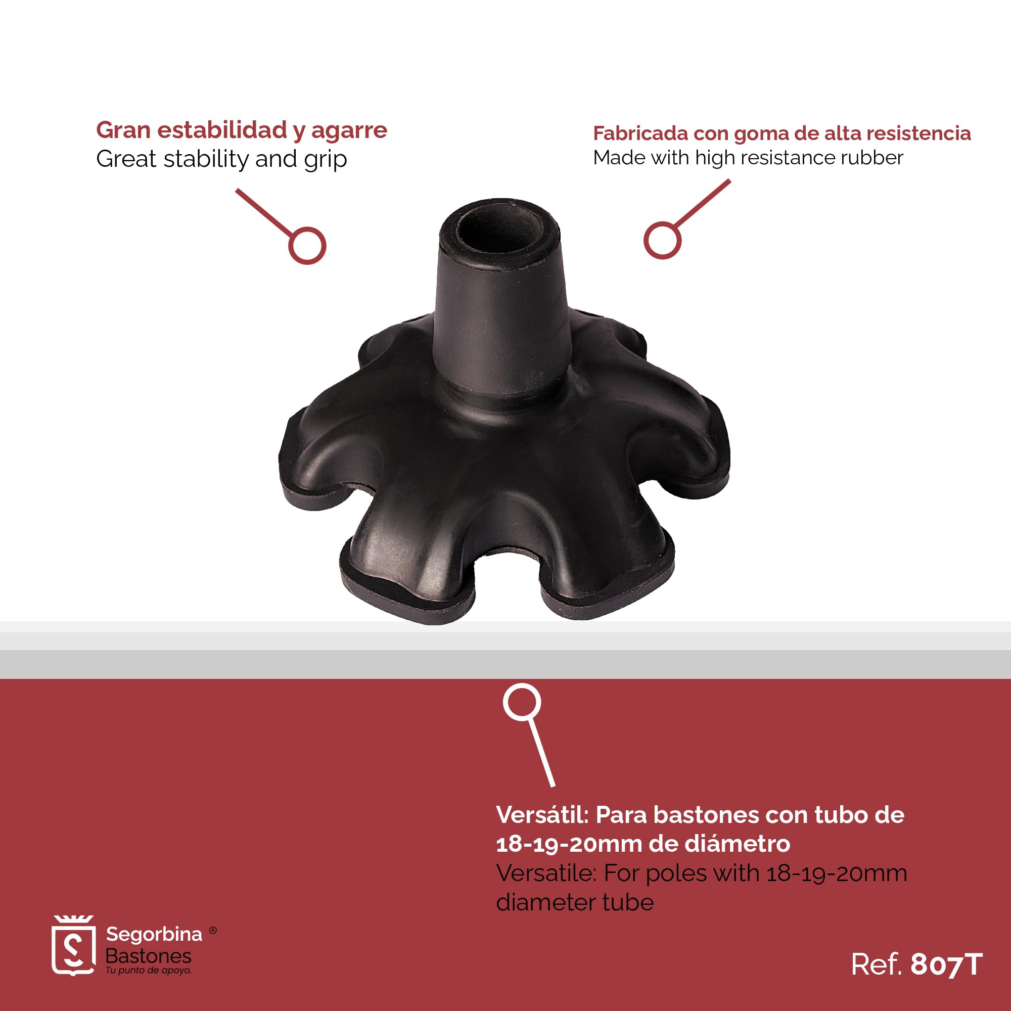 Contera grande de goma para muletas y bastones, universal 19mm diámeto, base grande con 6 patas, antideslizante y autoportante. Gran estabilidad y agarre.