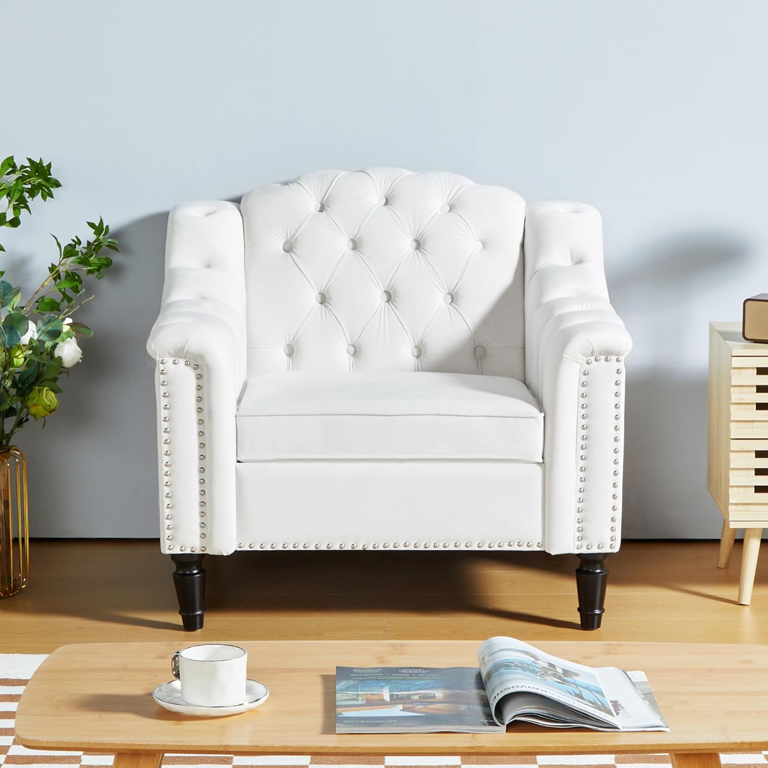 AVZEAR Chesterfield Sofa Chair, Mid-Century Modern Armchair, Velvet Fabric Single Sofa Chair with Nailhead Trim and Button Tufted for Living Room, Office, Bedroom, White