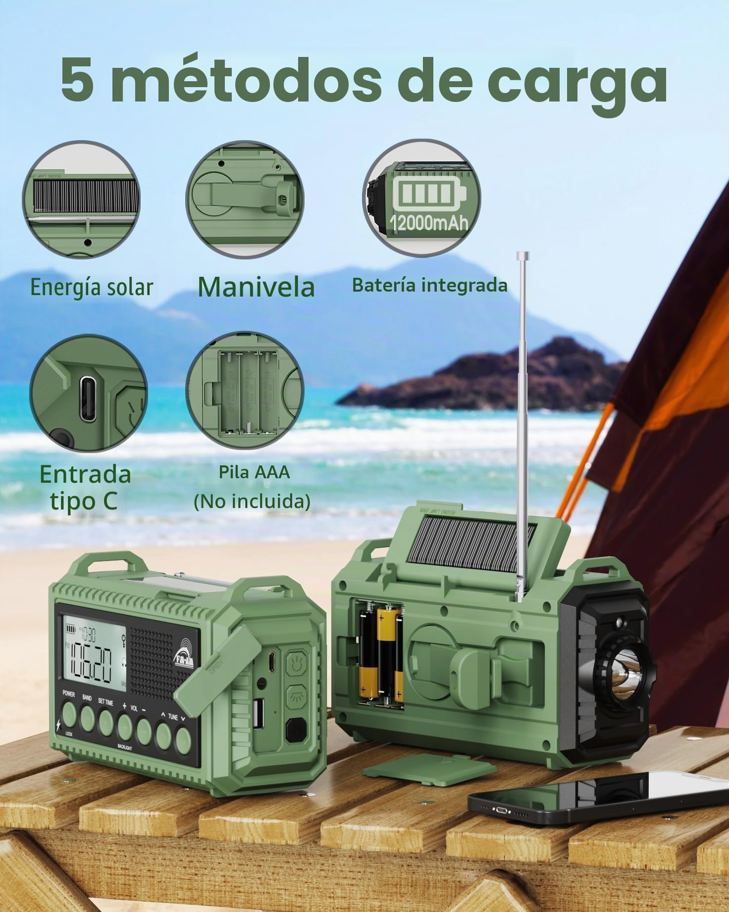 Roxicosly Radio de emergencia AM/FM/SW - Radio solar portátil con batería de 12000 mAh, pantalla LCD, linterna y luz de lectura, USB, alarma SOS, manivela de mano, equipo de emergencia para camping,