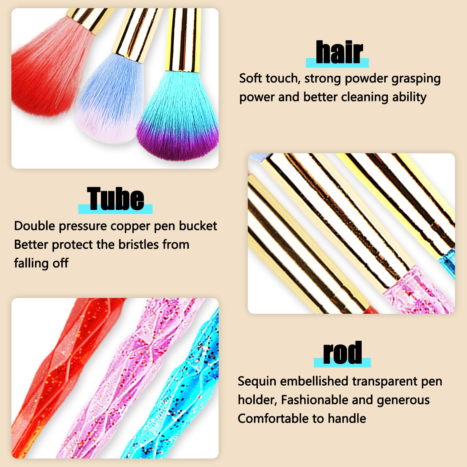 Lot de 3 pinceaux pour nail art - Pinceaux de dépoussiérage doux pour ongles acryliques - Pinceaux de maquillage en poudre - Outils de nettoyage des ongles (rose/bleu/rouge)