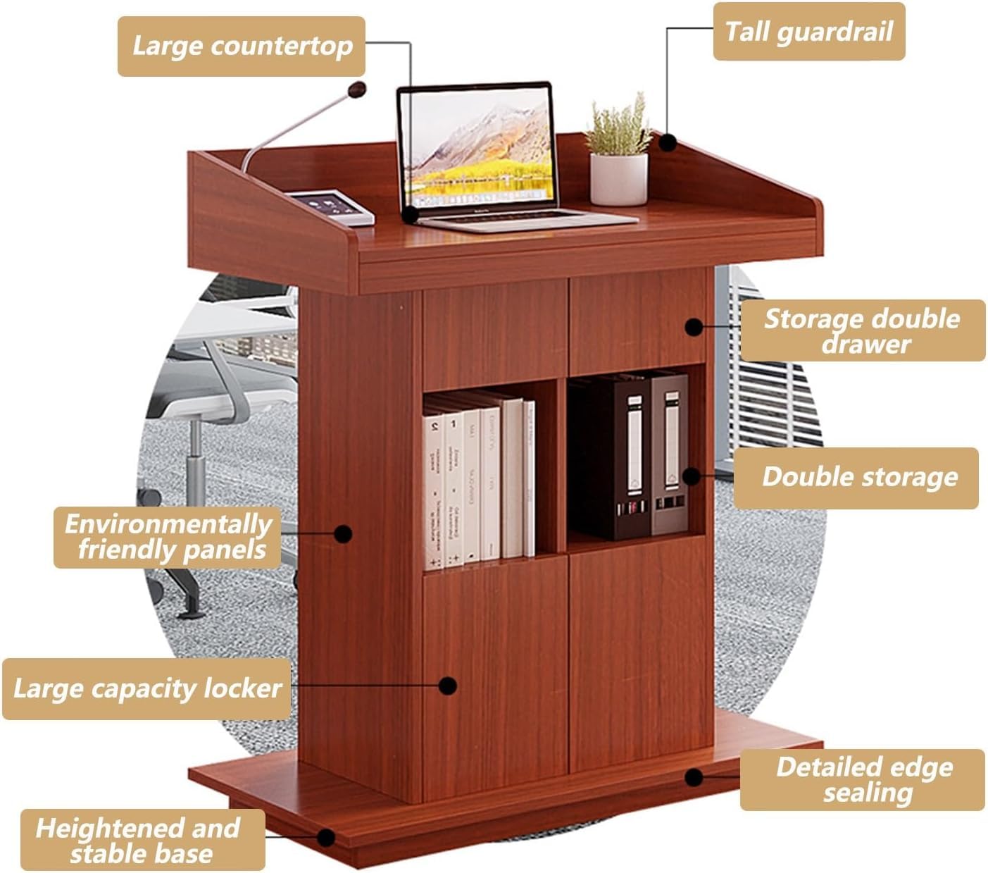 Podio de madera maciza con 2 cajones espaciosos y armario debajo del mostrador, atril de pie para presentaciones, discursos y eventos, diseño duradero y elegante