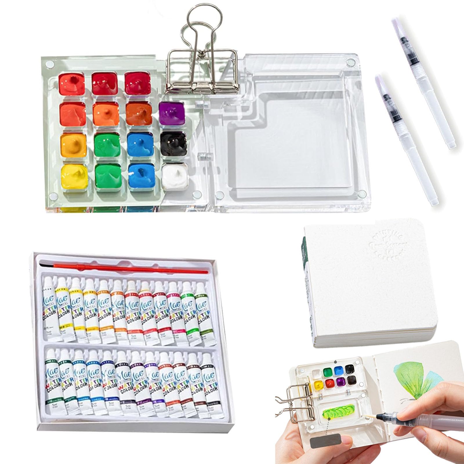 Tobios Mini Aquarelle De Poche Noyer – 8/15 Couleurs + Carnet + Pinceau Stylo – Set Voyage Portable Pour Artistes & Débutants