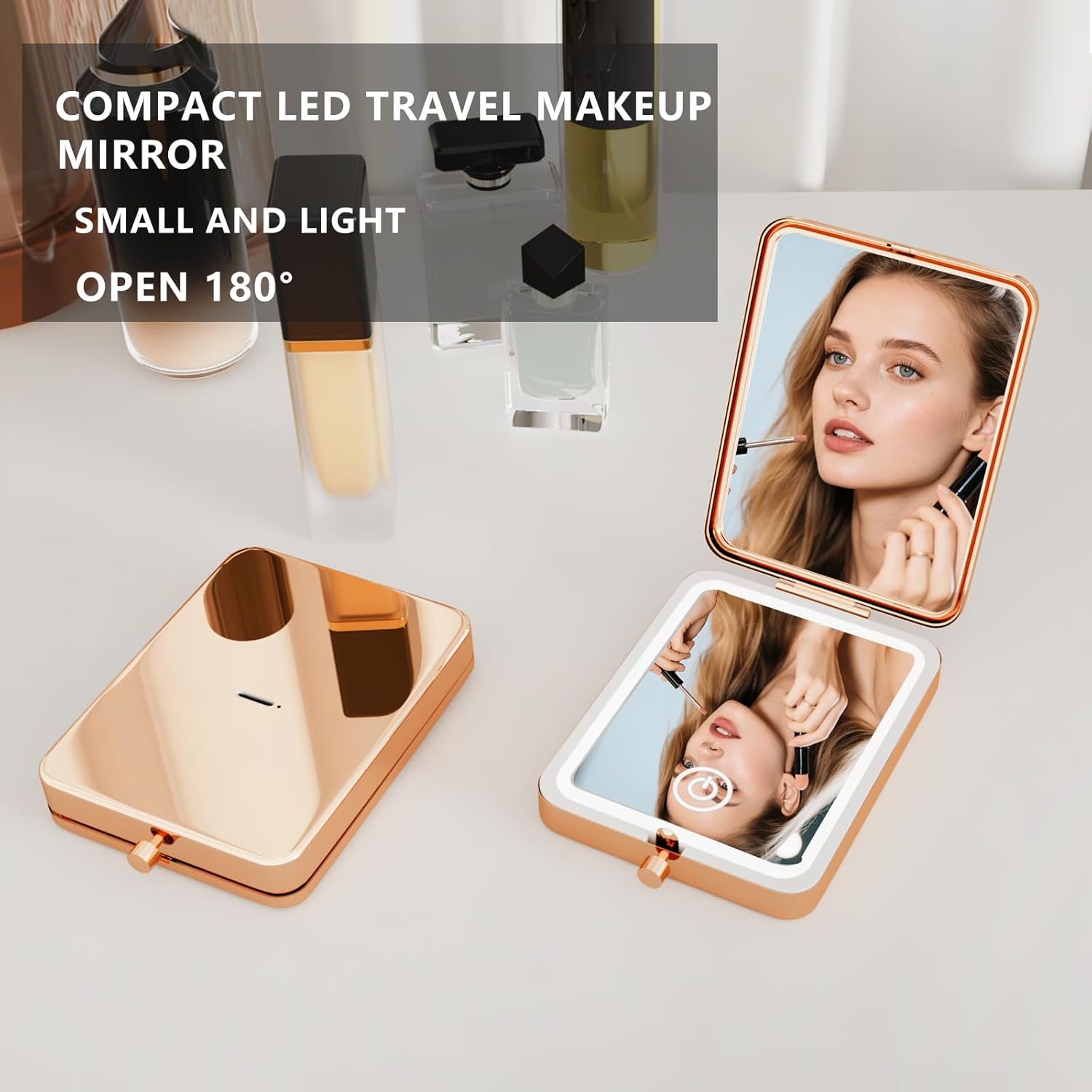 Compact Makeup Mirror with Lights, Rechargeable Dimmable 3 Color Lighting 3X Magnification LED Mirror for Pocket, Purse, Travel Portable Folding Hand, Gifts for Wife I Love You Wife Rose Gold (Wife) - Image 5