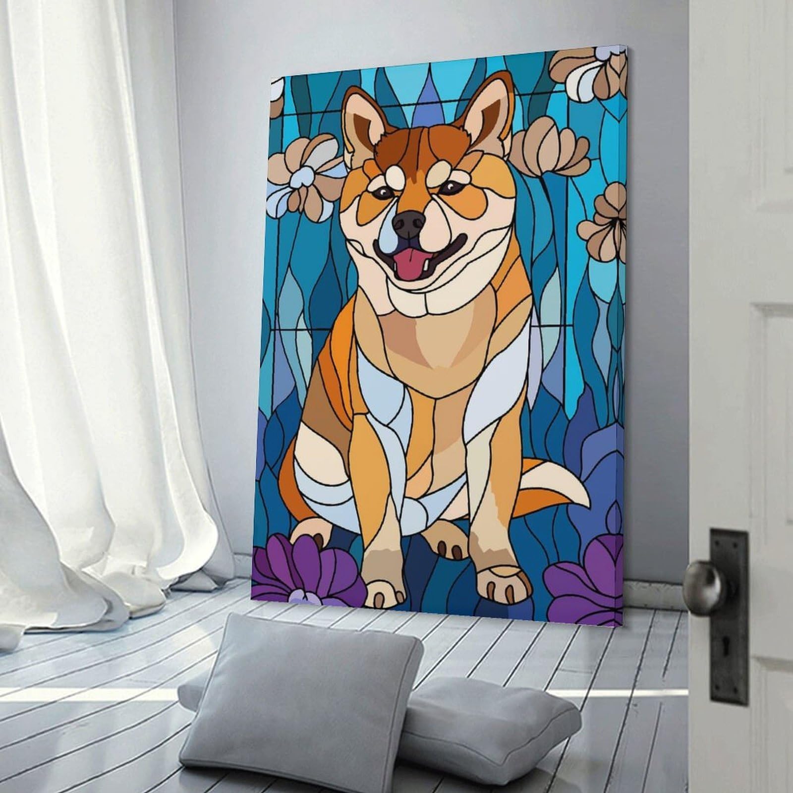 Junmoney Stained Glass Shiba Inu Dog Hanging Wall Art 20x30inch(50x75cm), for Small Homes, Bedrooms Or Open Spaces, Decorative Canvas Decor for Home Updates