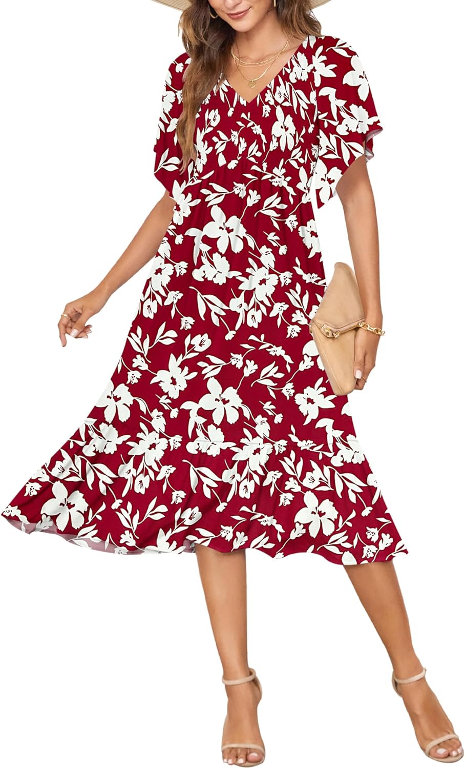 AUSELILY Women's Summer Empire Waist Dress Smocked Flutter Short Sleeve V Neck Midi Dresses 2025 New
