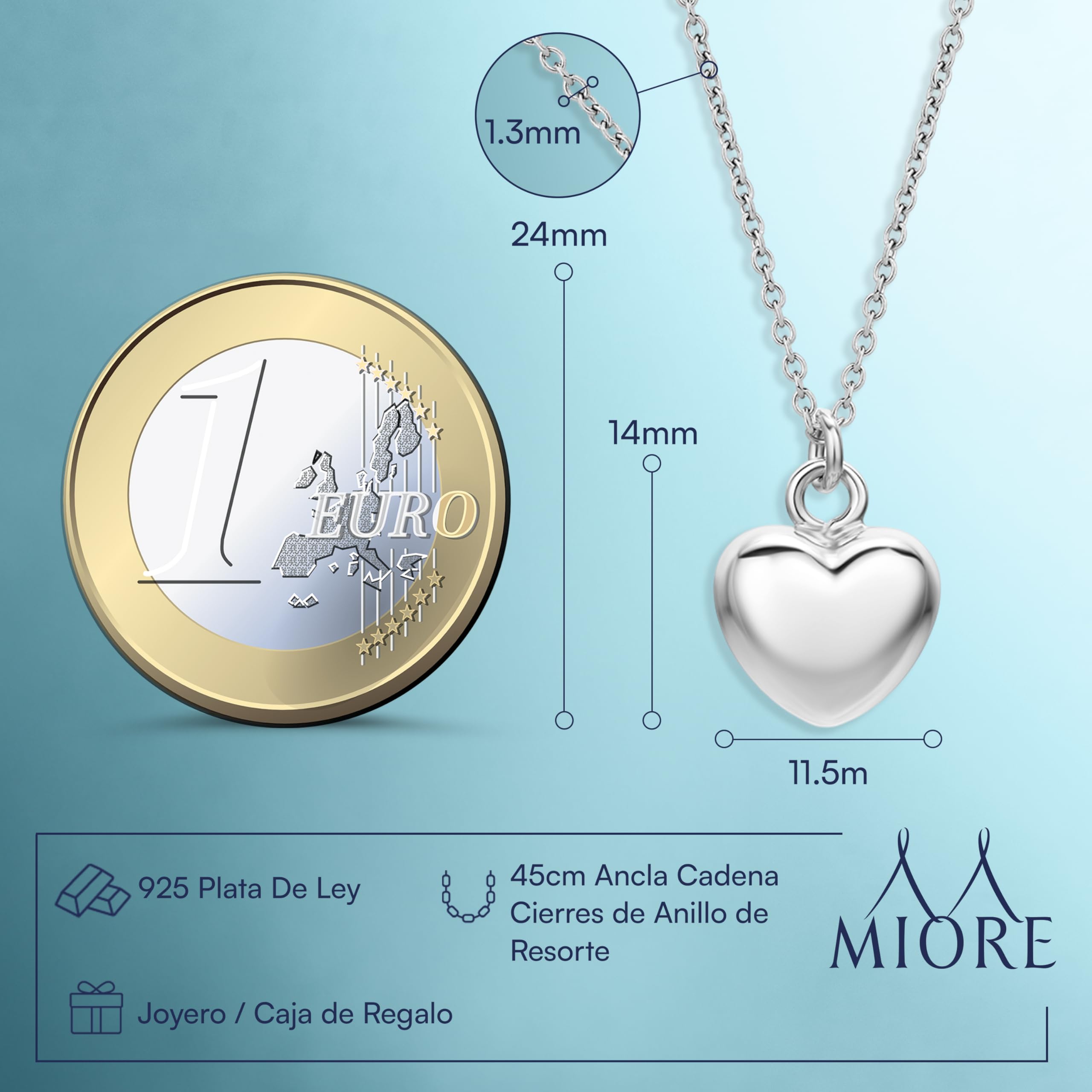 MIORE Collar Mujer Plata/Chapado en Oro 18 Quilates, Collar Corazón, Colgante Mujer de Corazón, 45cm Cadena Plata, Joyería Hipoalergénica Hecha a Mano en Italia, Joyas con Joyero