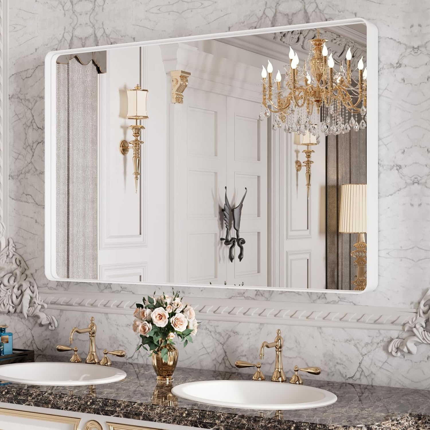 Amazon.com: ISTRIPMF White Bathroom Vanity Mirror 48x32 Inch,Rounded ...