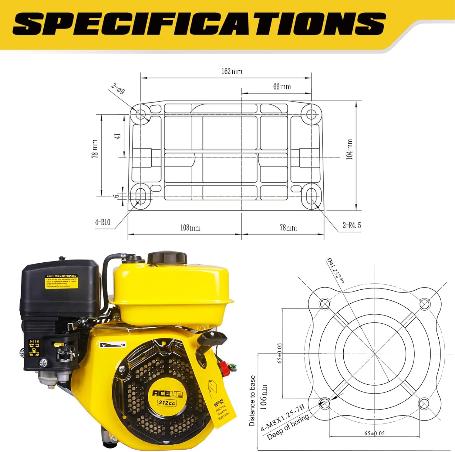 Aceup Energy Gas Engine 7HP 212cc Horizontal Shaft, 4Stroke Gas Motor, Shaft 3/4" (19mm) Diameter Recoil Start