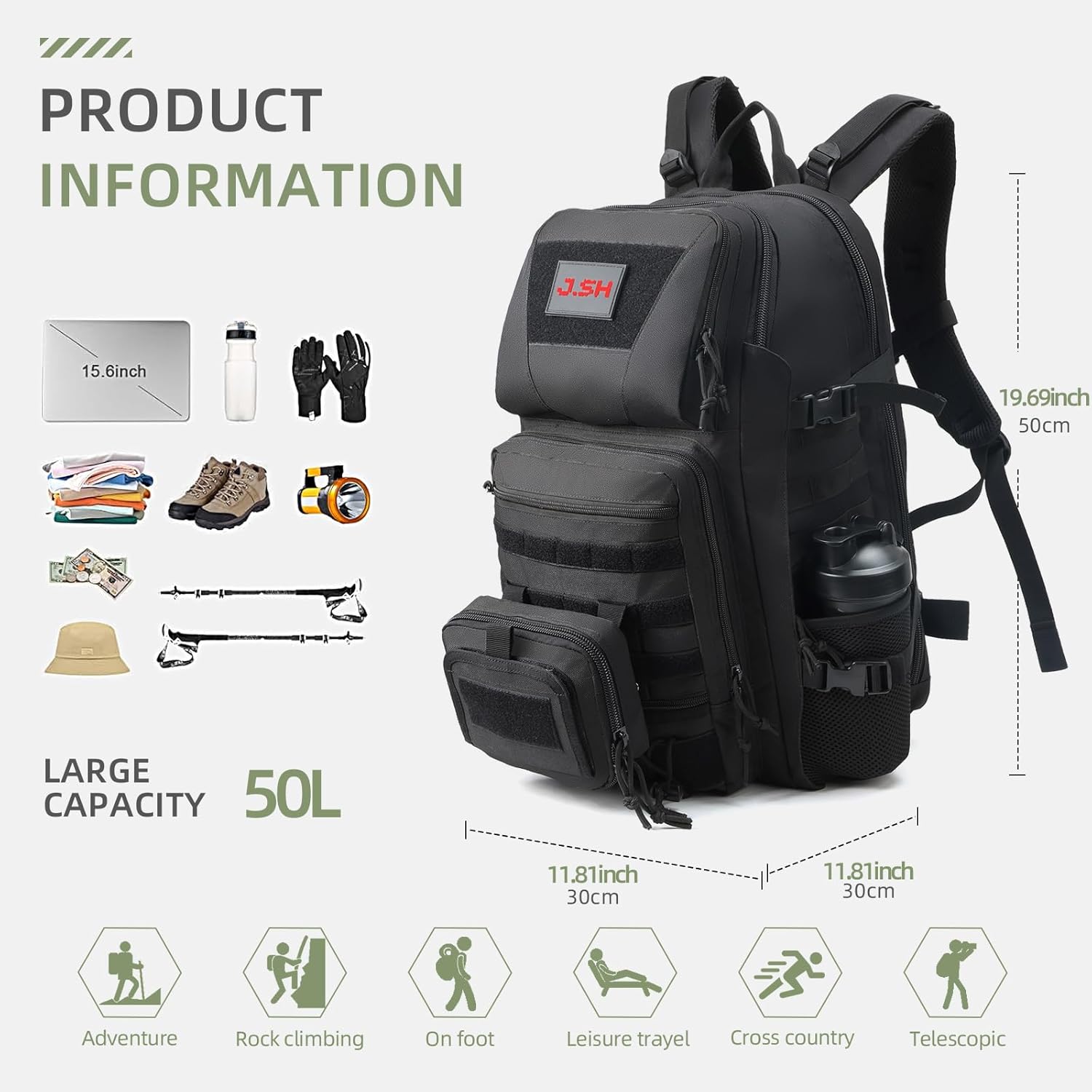 J.SH 50L Military Tactical Backpack for Men - MOLLE Hiking & Travel Assault Pack, 3-Day Emergency Bag with Water Bottle Pouch - Image 7