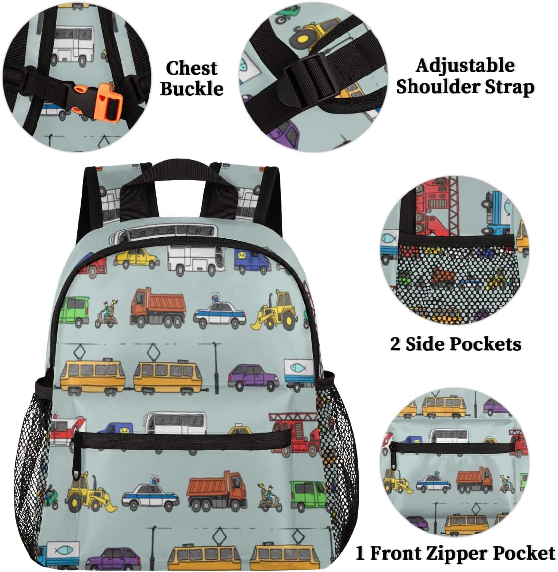 TropicalLife Toddler Backpack Car Colorful Truck Kids Backpack for Boys and Girls Cute Bus Preschool Bag Kindergarten Schoolbag With Chest Strap - Image 3