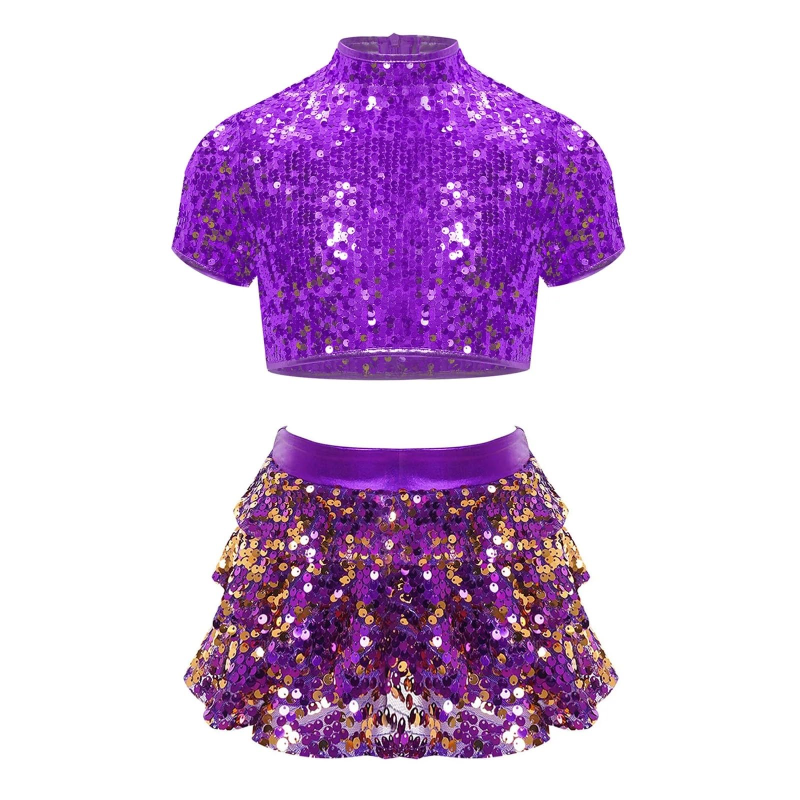 Traje de actuación de Danza de Ballet Jazz for niñas, porristas, Top Corto de Lentejuelas con Falda y Pantalones Cortos con Volantes escalonados.(Purple,16)