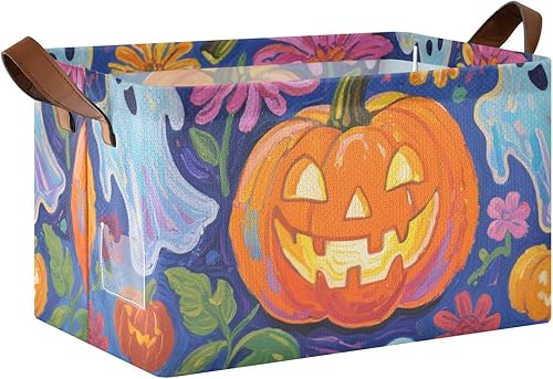 KLL Halloween Pumpkins and Ghosts with Flowers Large Storage Baskets Fabric Storage Bins with Handles Foldable Boxes for Home, Office,Closet,