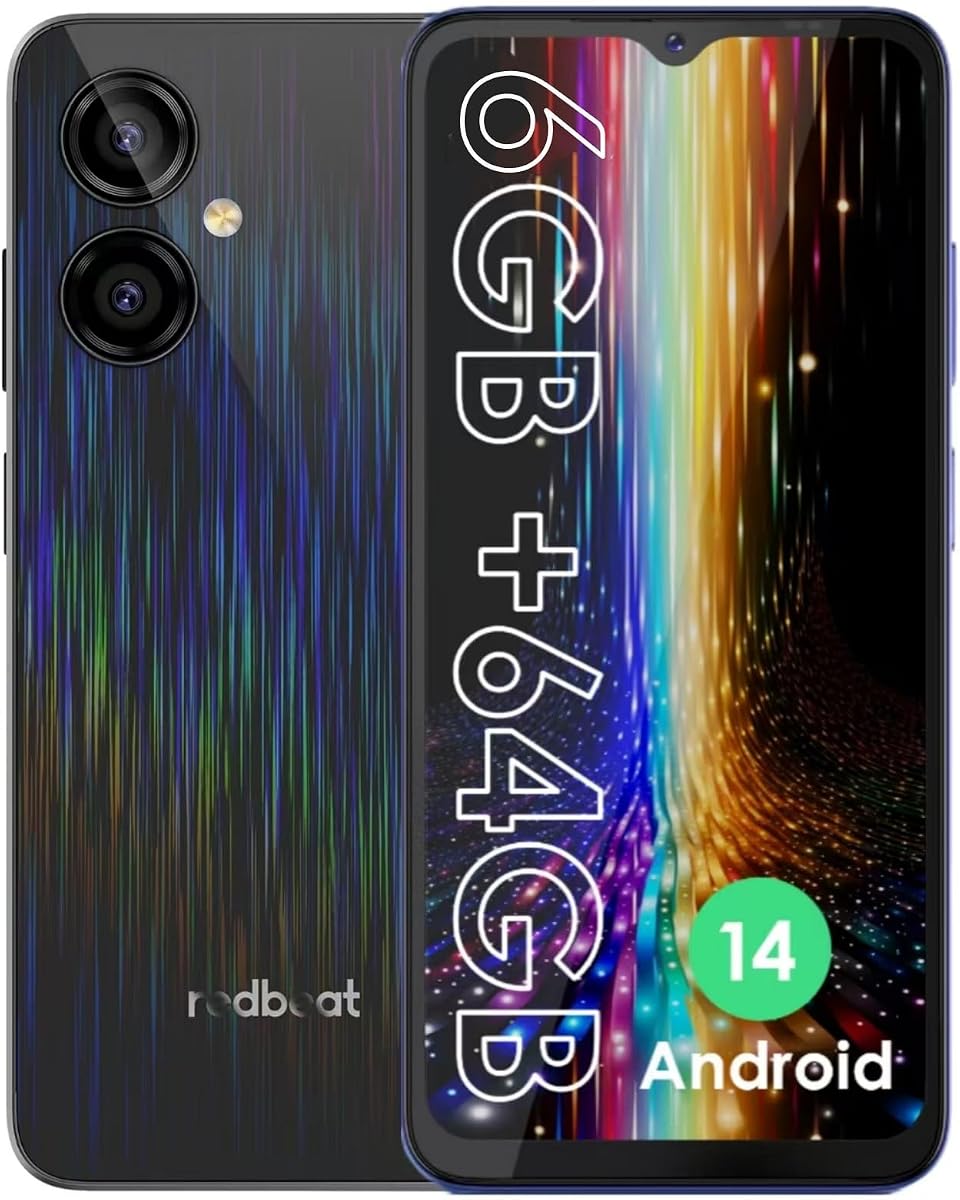 Redbeat D5 Unlocked Android 14 Cell Phones 8-core 1.6GHz Processor 6.52 Inch IPS, 5000mAh, 6GB RAM 64GB ROM Expandable 1TB, 13MP + 5MP Camera, Dual 4G SIM Slots, GPS, Type-C, WiFi, Bluetooth 5.0,Black