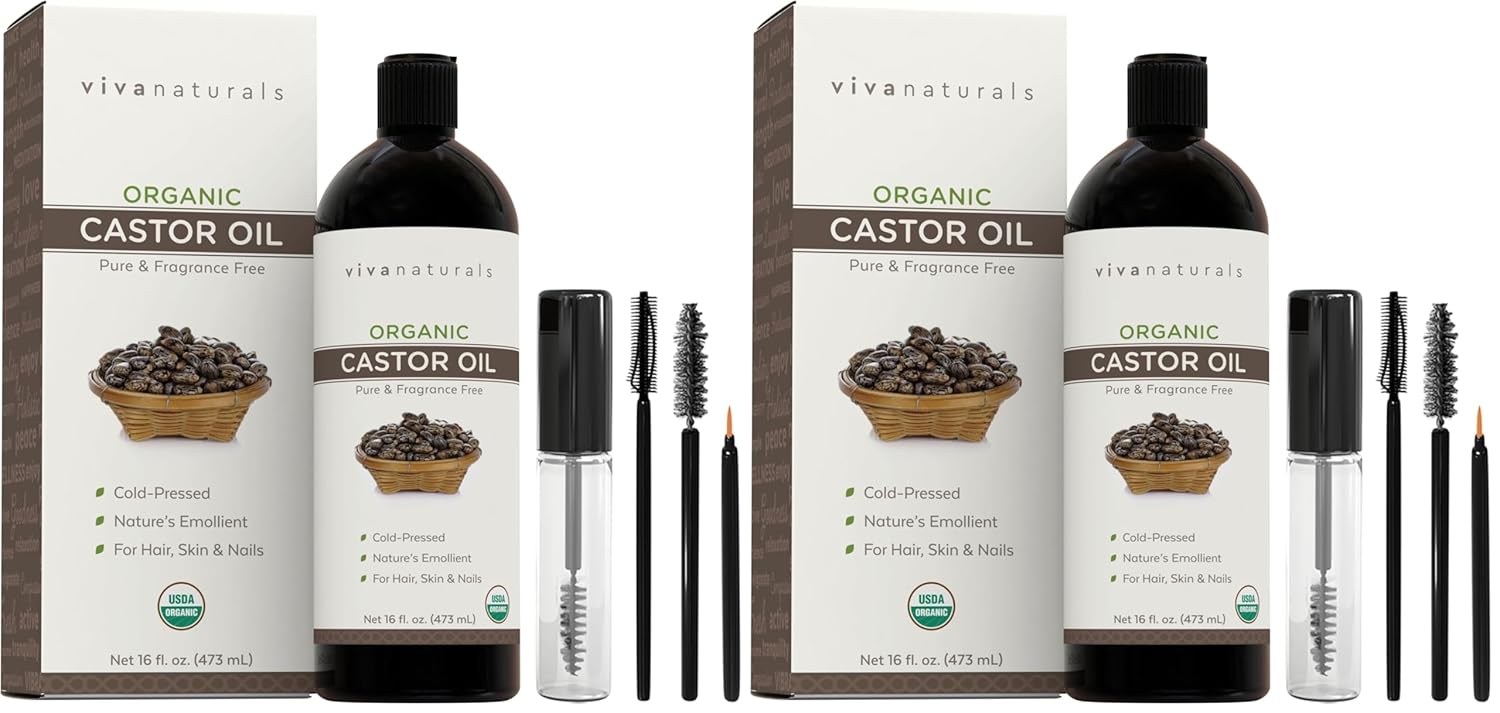 Viva Naturals Organic Castor Oil,Cold-Pressed,16 fl oz – For Face,Hair,Eyelashes,USDA Organic,Non-GMO - With Beauty Kit,(Pack of 2)