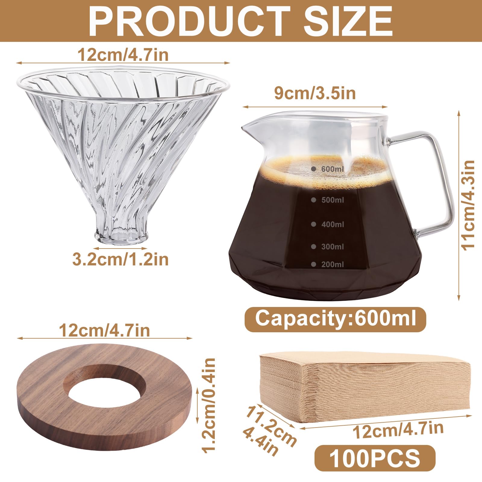 WOPPLXY Cafetera de vidrio borosilicato de 600 ml con 100 filtros de papel tamaño 02, jarra de café de goteo con mango de nogal para el hogar, restaurante, café