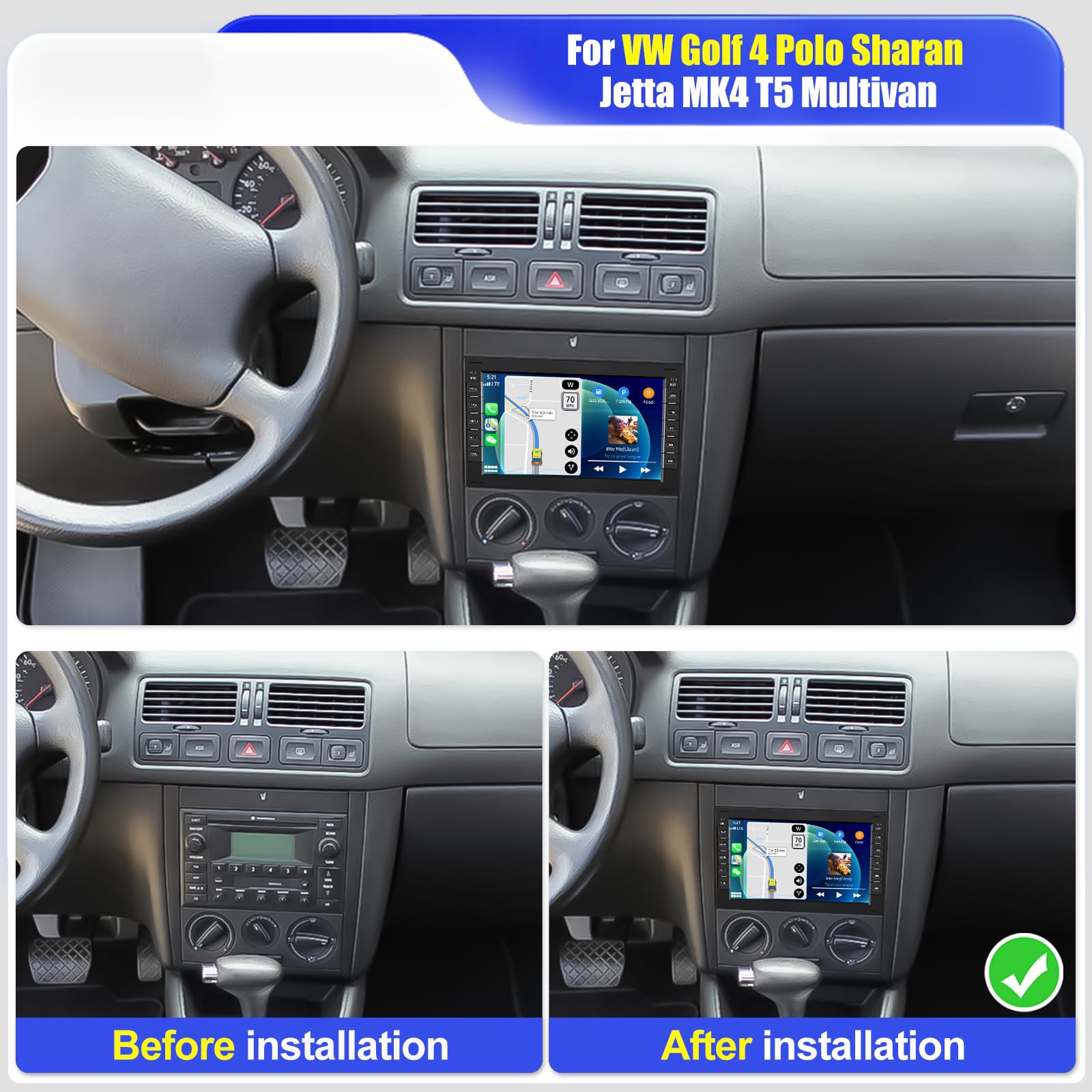 2+64G CAMECHO 7” Android 13 Radio per VW Golf 4 Polo Sharan Jetta MK4 T5 Multivan con Wireless Carplay Android Auto Bluetooth Navi Autoradio con Telecamera Posteriore WIFI GPS FM/RDS Mirror Link SWC
