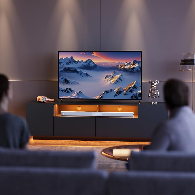 WLIVE LED TV Stand for 65/70/75 Inch TVs, Modern Entertainment Center with Storage Cabinets and Drawer, Gaming Media TV Console with RGB Lights for Living Room, Black image 2