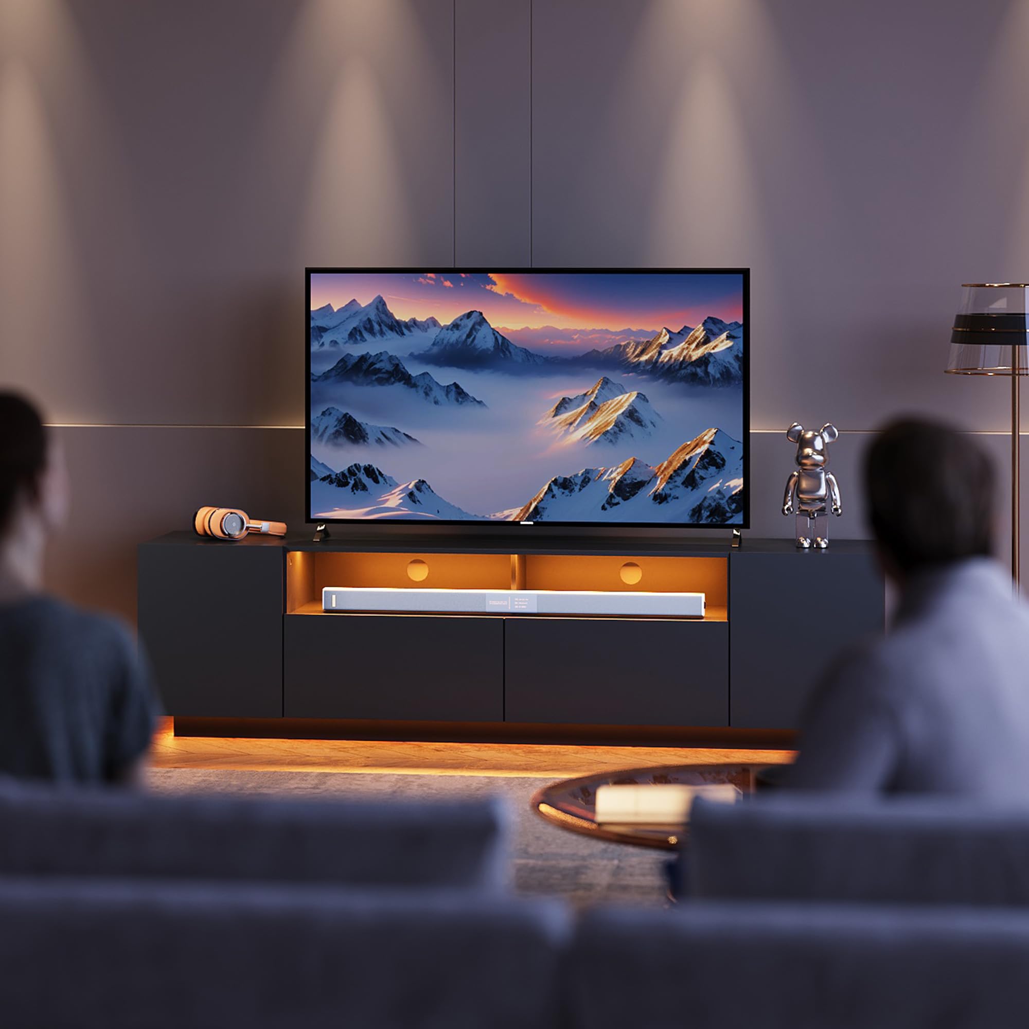 WLIVE TV Schrank Schwarz, Lowboard Hochglanz mit 20 Farben LED-Beleuchtung, TV Board mit Schränken und 2 Freiflächen, Fernsehtisch mit Klapptür, 170 x 36 x 45 cm, Schwarz