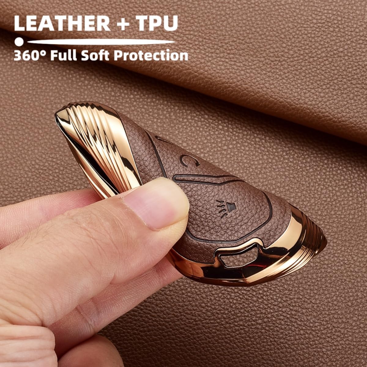 Key Fob Cover Compatible with Volkswagen VW Atlas Tiguan Jetta Passat Golf Alltrack Arteon Taos, Upper Leather + TPU Key Cover Case Shell (5-Buttons, Brown)