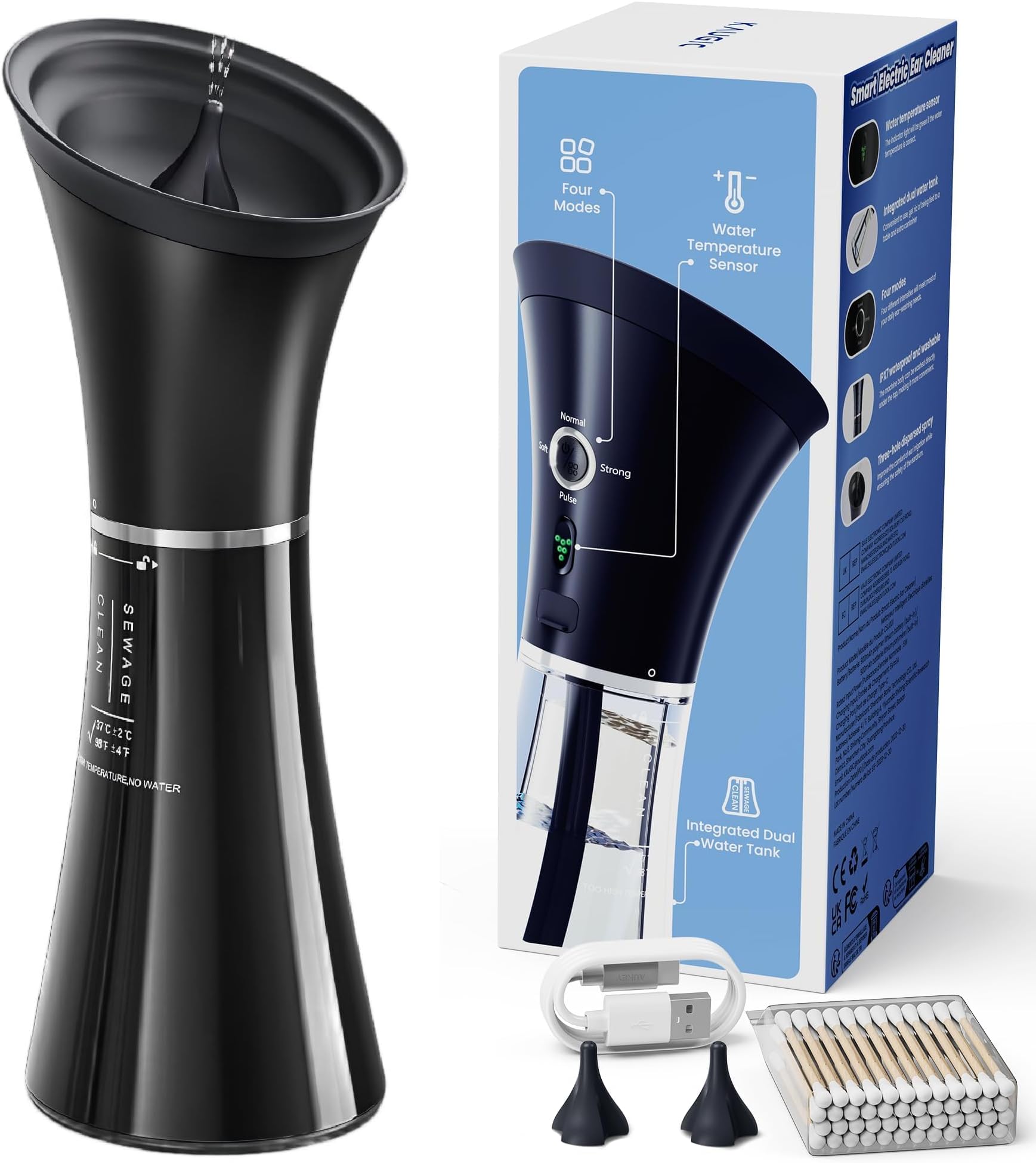 KAUGIC Upgraded Ear Wax Removal with One-Piece Waste Tank, Safe Cleaner with Water Temperature Sensor, Effective Ear Irrigation Kit, IPX7, FSA-HSA-Eligible, Black