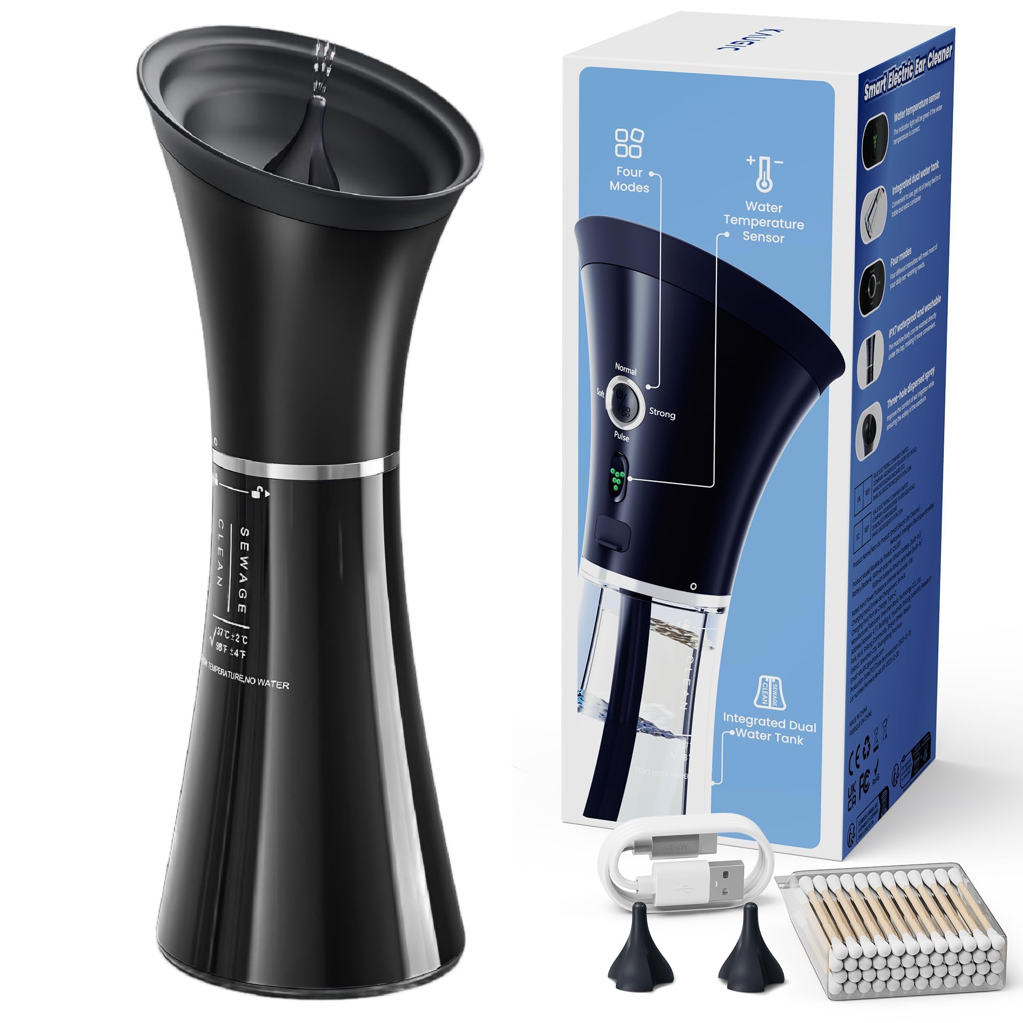 Upgraded Ear Wax Removal with One-Piece Waste Tank, Safe Cleaner with Water Temperature Sensor, Effective Ear Irrigation Kit & USB-A to C Cable, IPX7, Black