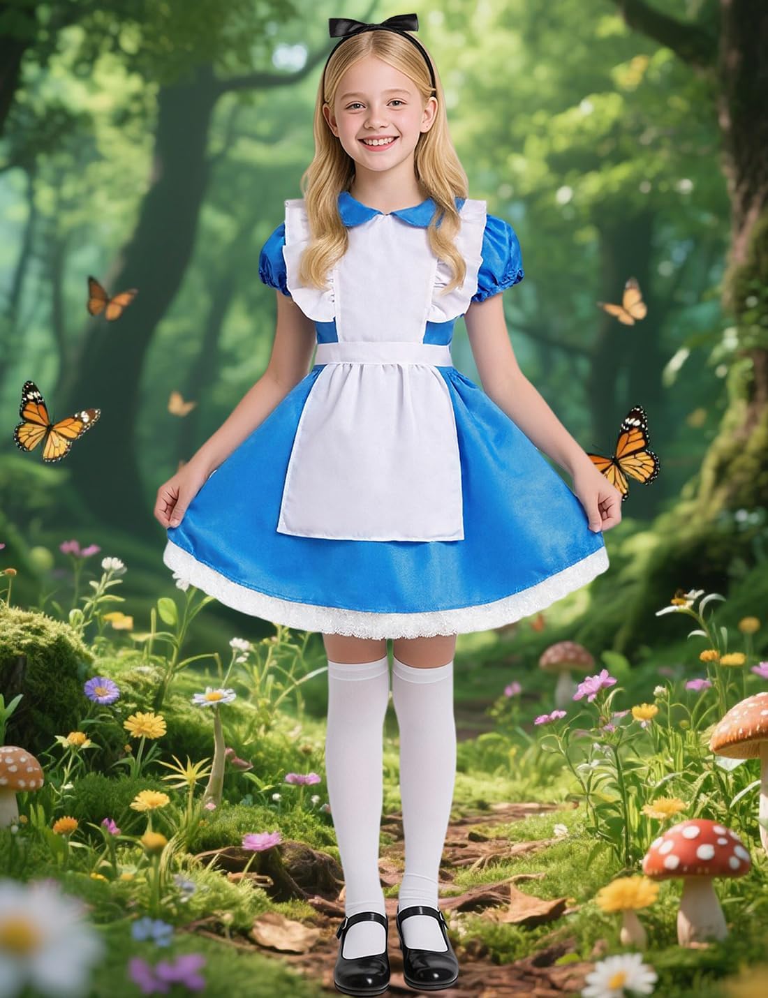 Kids Blue Dress Costume for 3-14 Years Girls Halloween Princess Costumes with Socks Hairband - Image 5