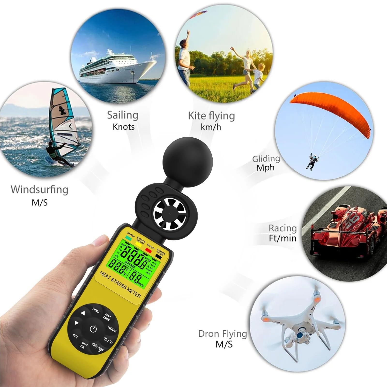 Wiatromierz, Anemometr powietrza, obrotomierz, cyfrowy tachometr wiatru, przenośny 4 w 1 miernik prędkości wiatru z testem wilgotności i temperatury