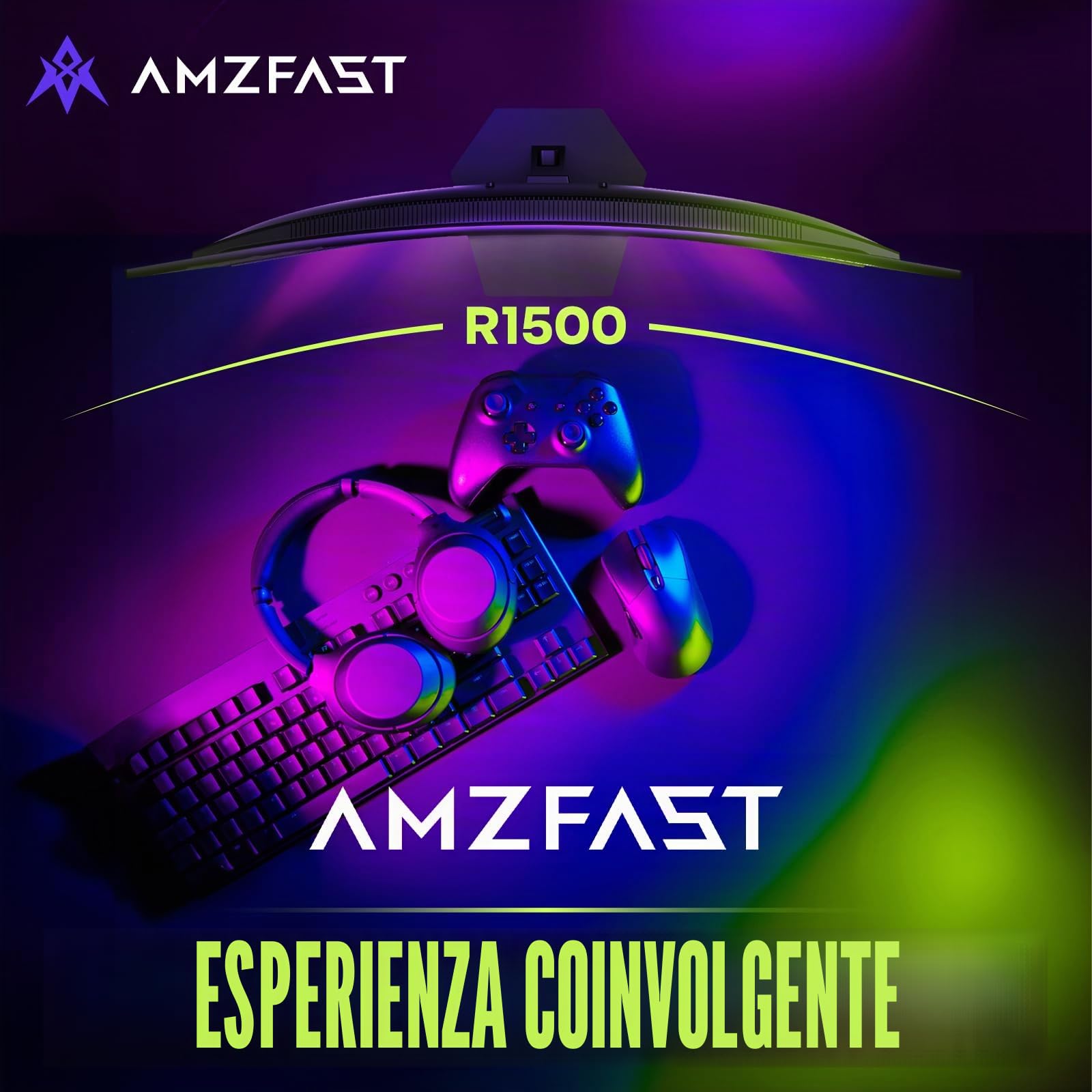 Amzfast Monitor da gioco curvo da 27 pollici, 200 Hz, monitor per computer FHD 1080p con altoparlanti integrati, MPRT da 1 ms con pannello VA veloce | 130% sRGB, 3000: 1.1500R | 12 mesi di garanzia