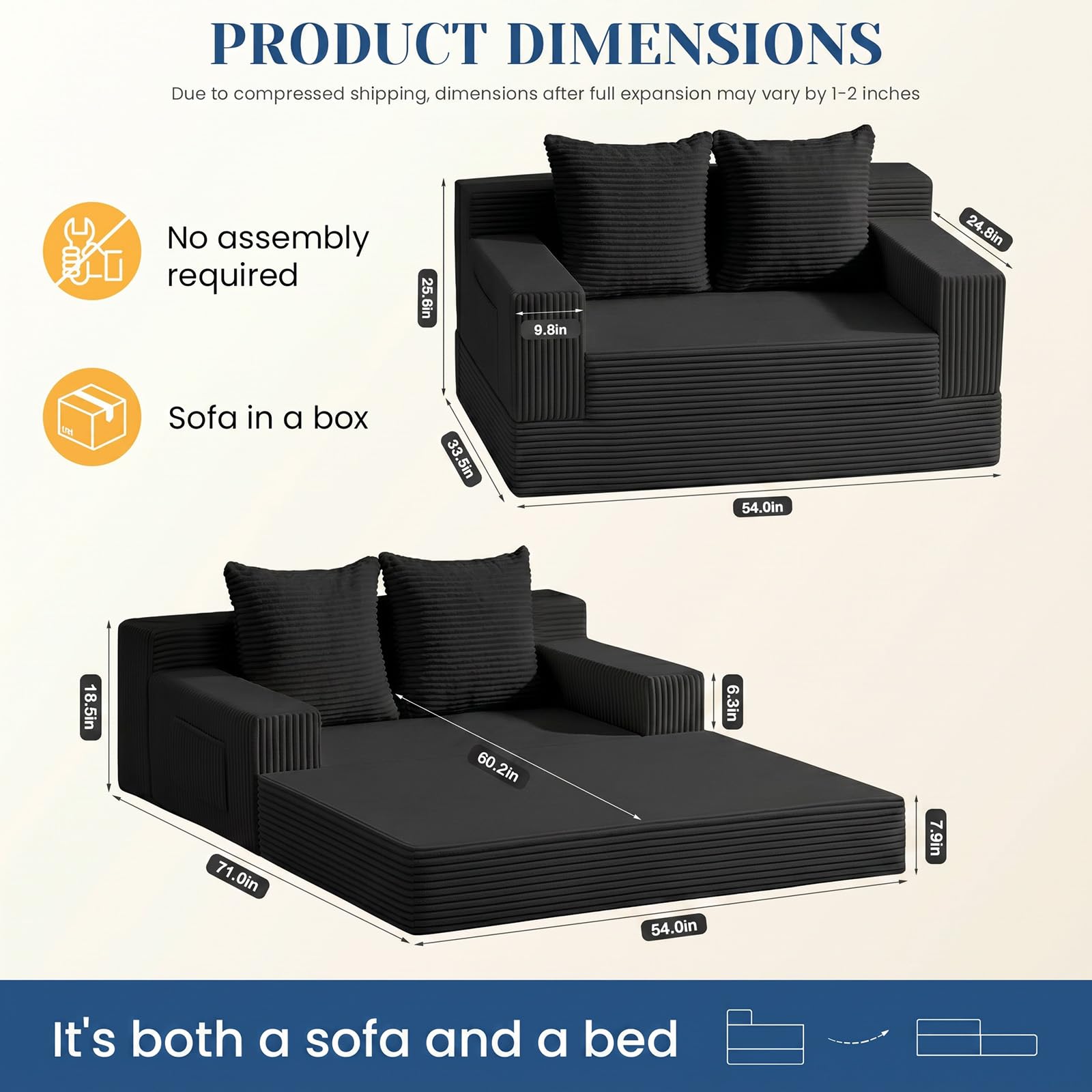 Convertible Sofa Bed,Small Boneless Couch & Boneless Loveseat,Pull Out Couch Bed for Small Spaces,Premium Luxe Corduroy Folding Floor Futon Sleeper with Side Pocket & 2 Pillows, No Assembly Required