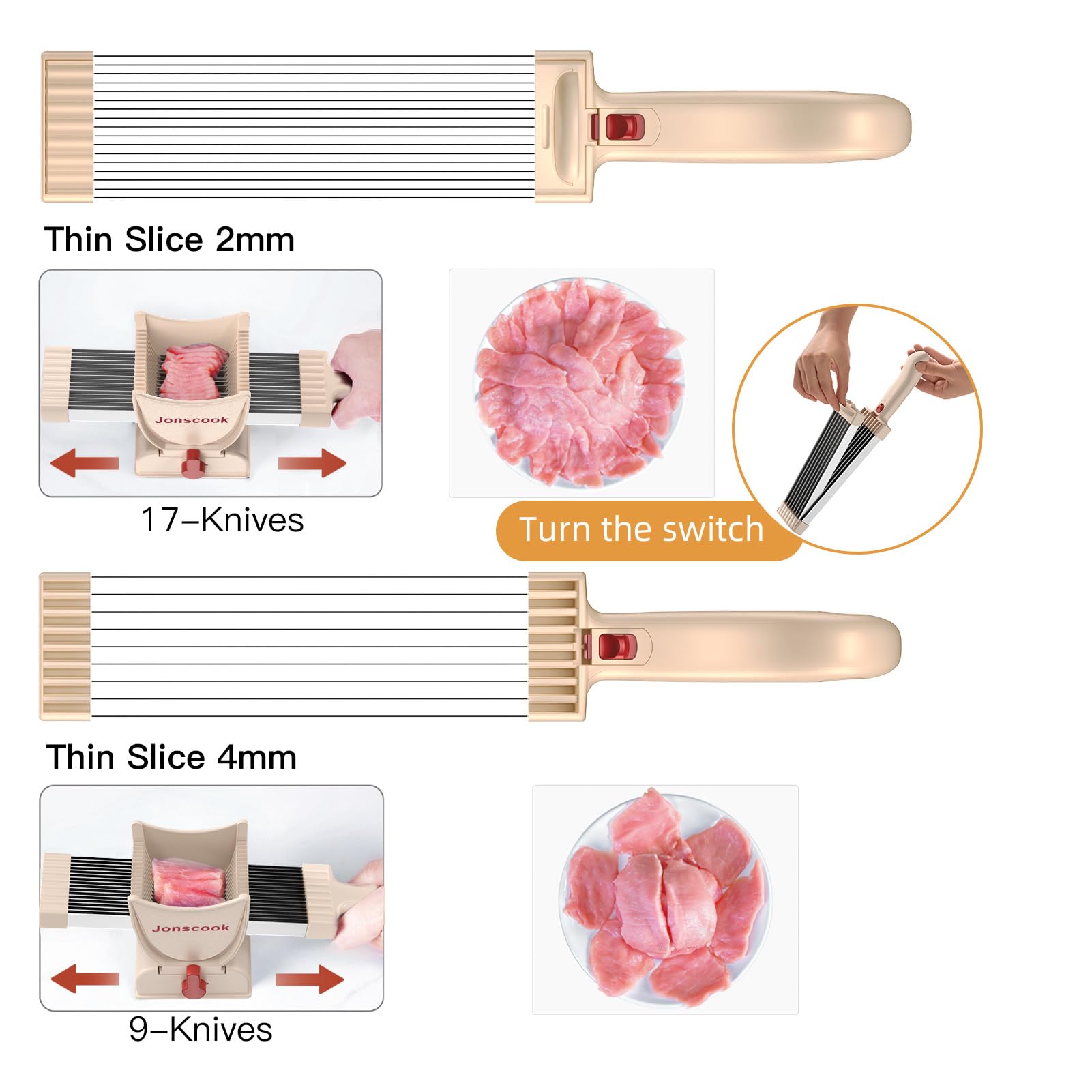 Frischfleischschneider, manueller Fleischschneider für frisches, rohes Fleisch, einstellbare Schnittstärke von 2 mm oder 4 mm, 17 Klingen für 18 Scheiben (Handstützpulver)