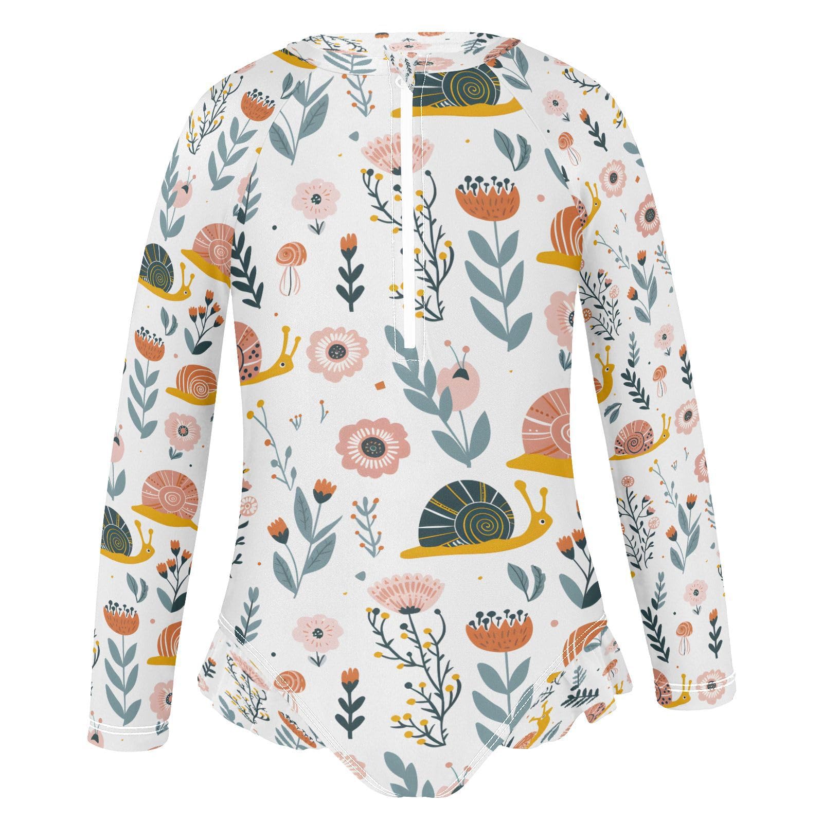 Snails on Flower Girls Long Sleeve Swimsuits One Piece Zipper Bathing Suit UPF 50+ Rashguard Swimwear