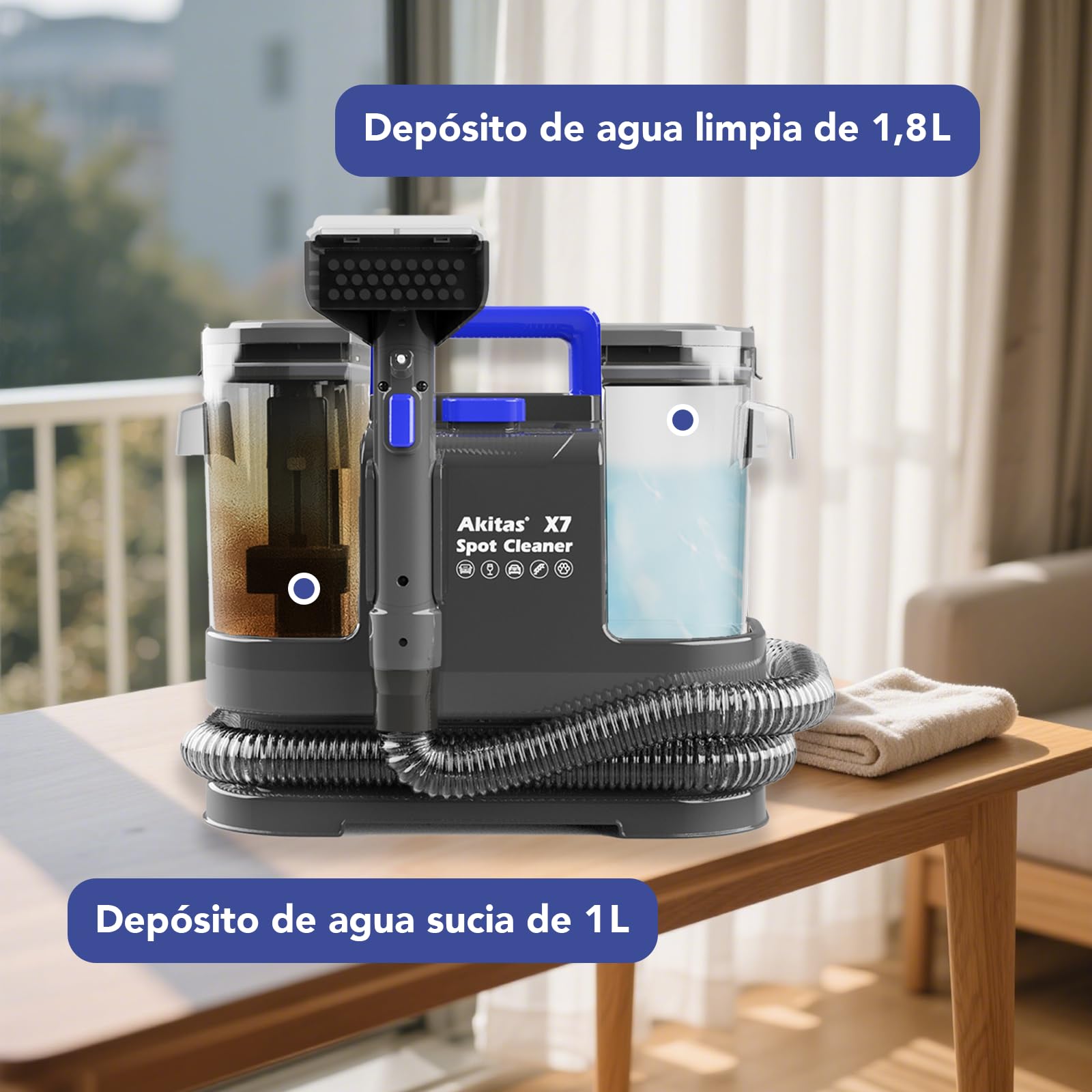 Akitas X7 600W Aspiradora de Agua Tapicería con Función de Autolimpieza Limpiador de Tapicerías Portátil 14kPa Pelos de Mascotas Sofás Colchones Alfombras Coches Depósito Doble(AKX7)