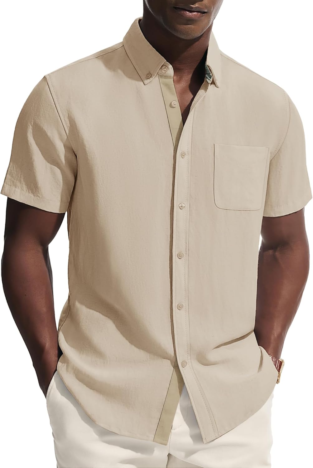 PJ PAUL JONES Mens Button Down Shirt Linen Short Sleeve Dress Shirts for Men Beach Summer Wedding Untucked Shirt
