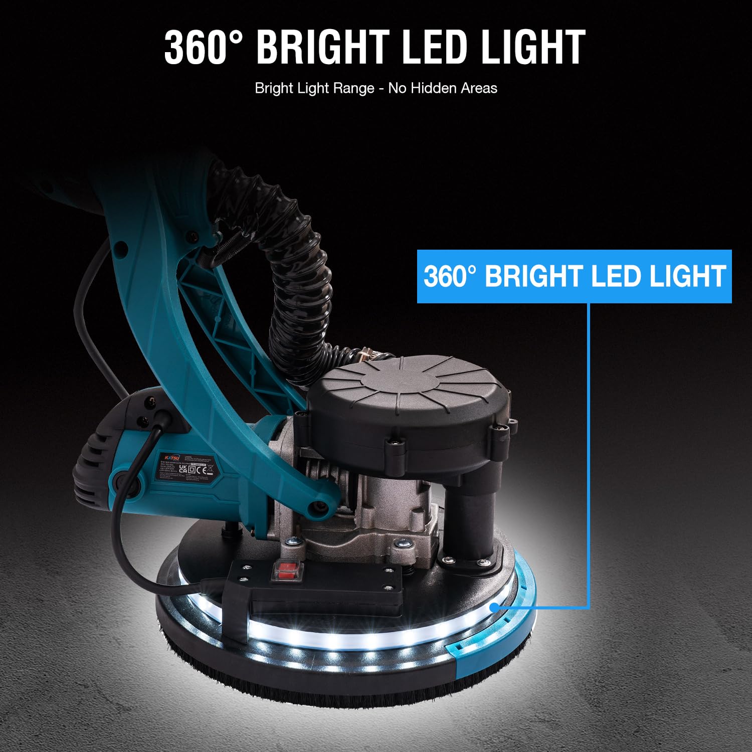 KATSU Tools Levigatrice Elettrica per Cartongesso 800W con Manico Telescopico Pieghevole, Aspirazione Automatica della Polvere, Luce LED, Velocità Variabile, Dischi Abrasivi 225mm, in Valigetta